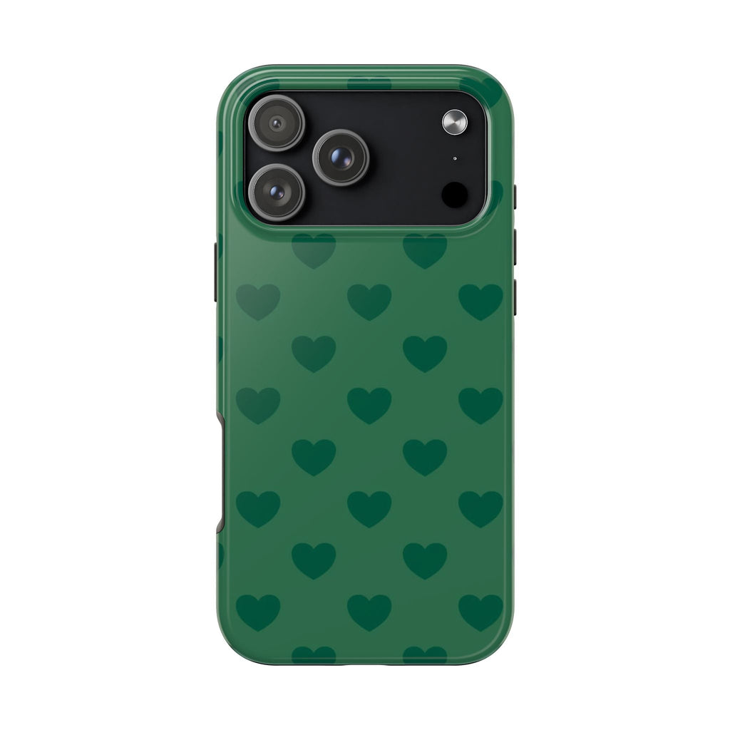 Emerald green phone case with dark heart pattern and camera cutouts