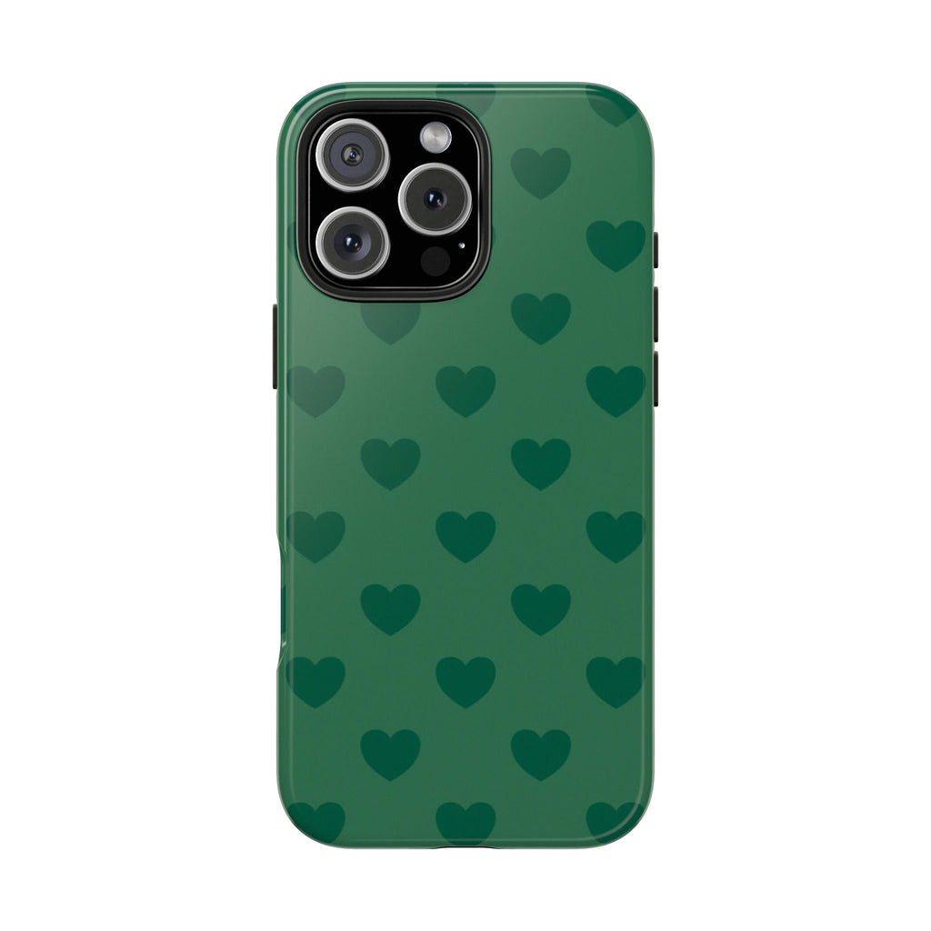 Emerald green phone case with scattered teal heart pattern
