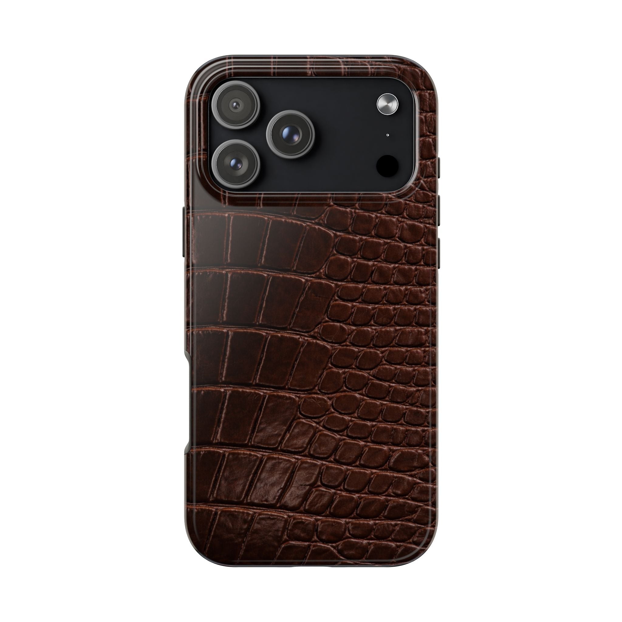 Espresso croc-embossed phone case with camera cutouts on the back