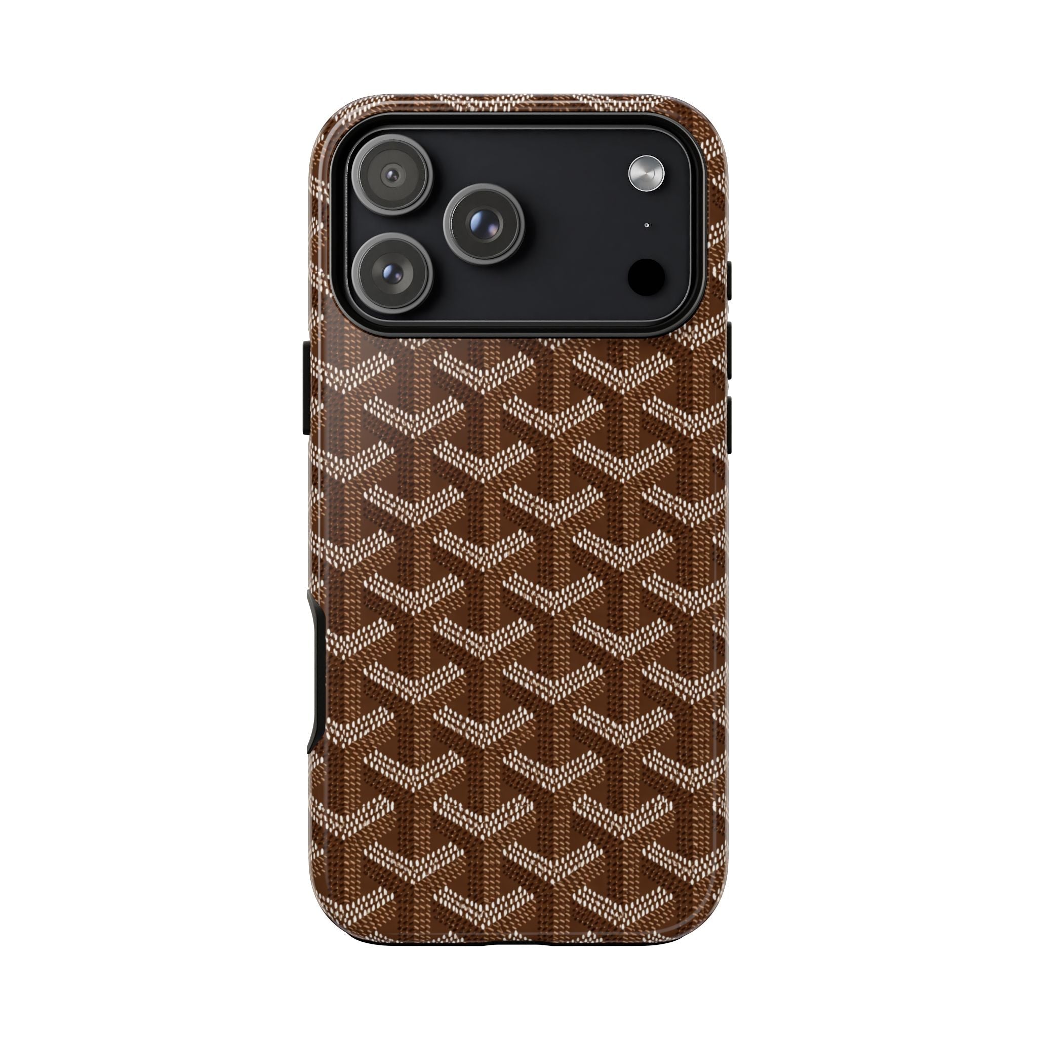 Espresso phone case in brown with white lattice print and smooth black camera plate