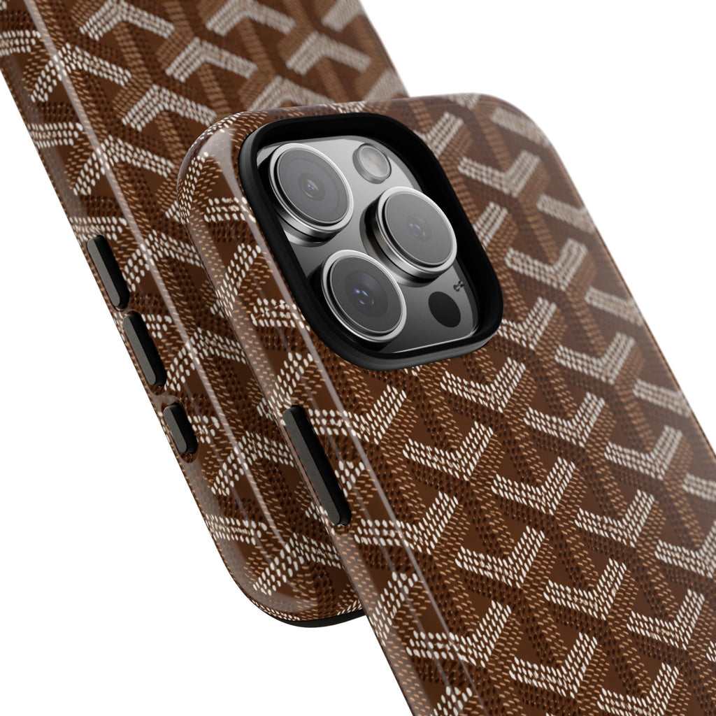 Espresso phone case side view with Goyard-style lattice pattern and camera lens cutouts