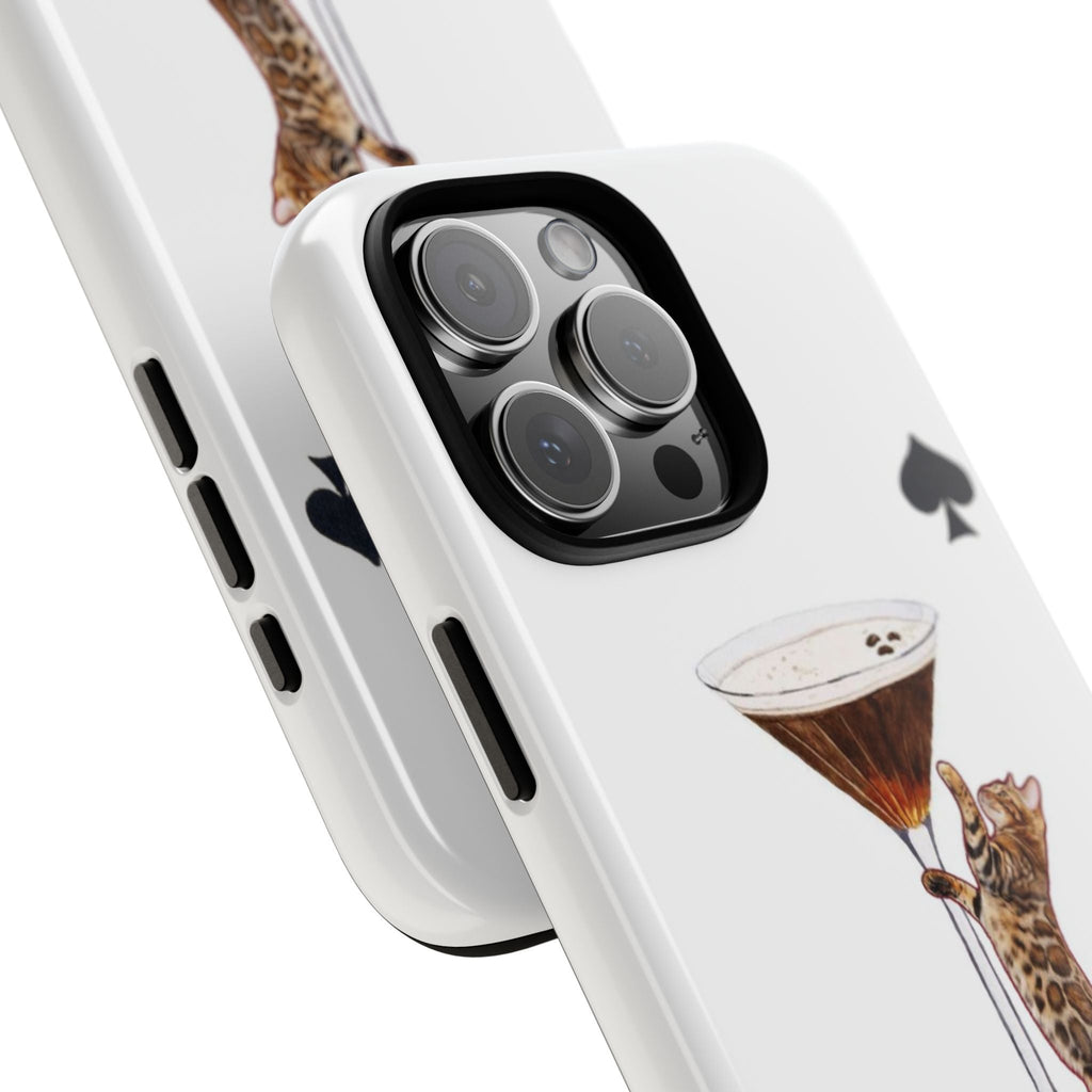 Angle view of white cat cocktail phone case showing camera lenses and spade pattern