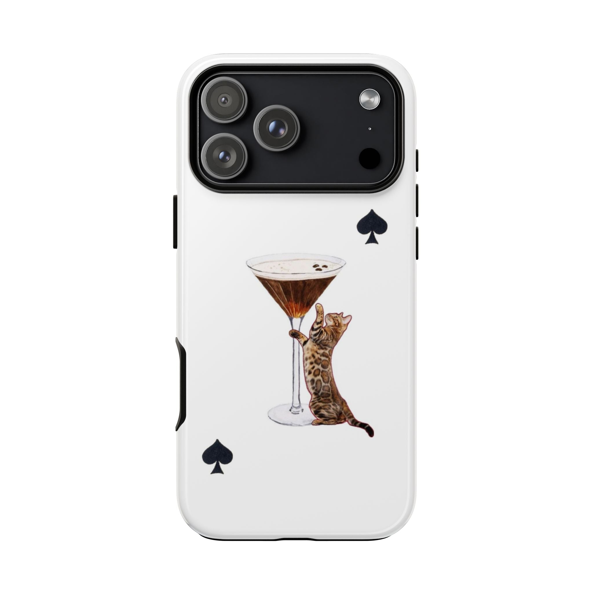 White phone case with cat holding martini glass, black camera cutout, spade symbols