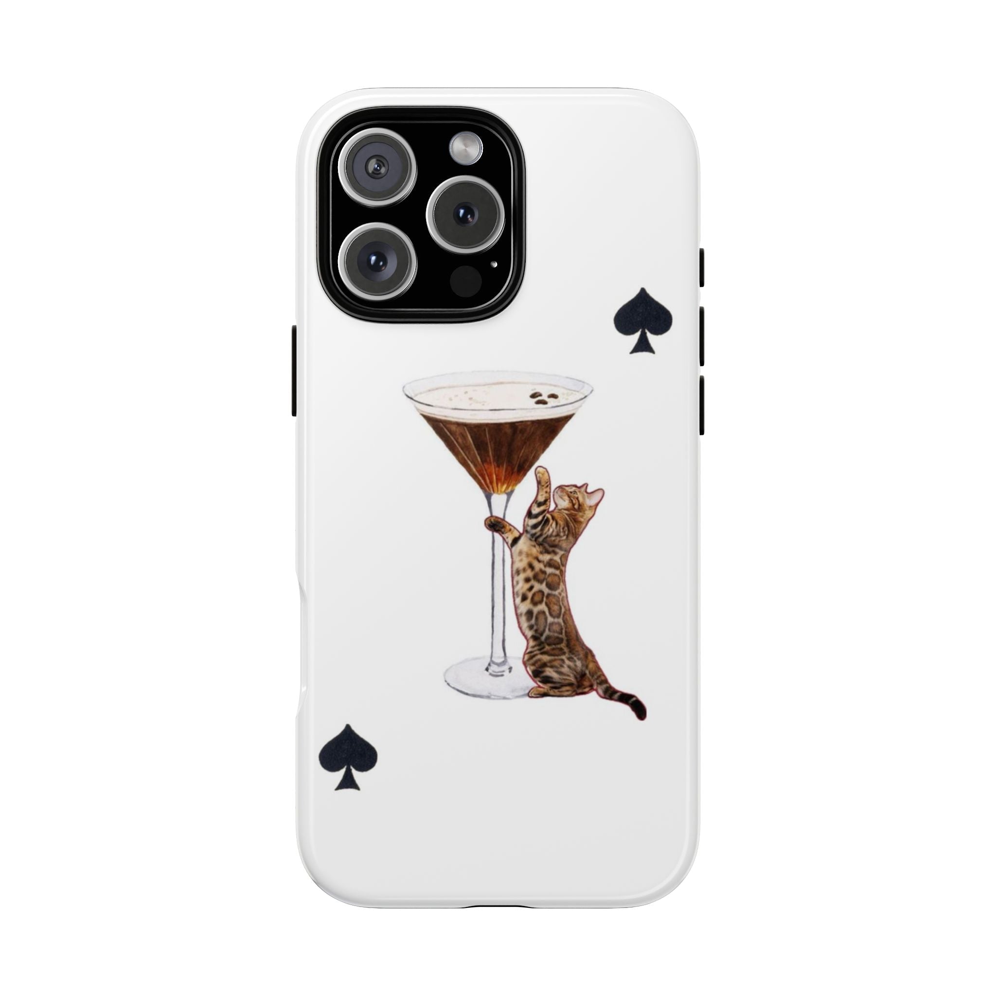White cat cocktail phone case with martini glass illustration and black spade icons