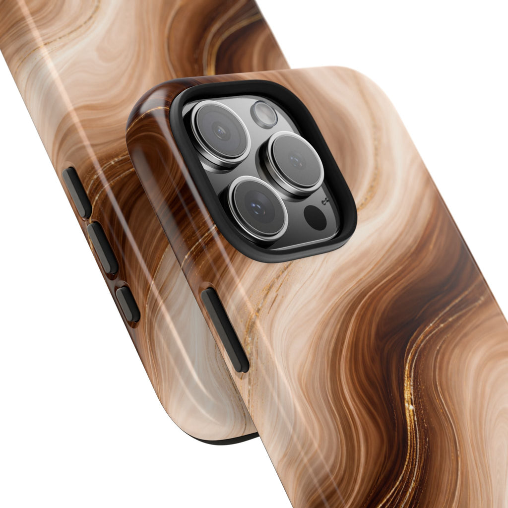 Angled espresso swirl phone case with tan/brown marble design and black camera frame