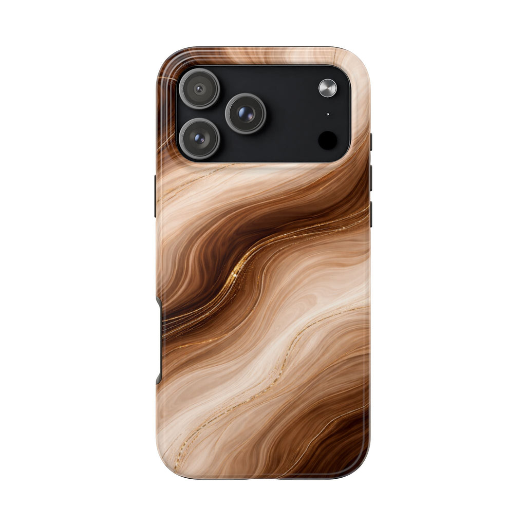 Espresso swirl phone case with tan, brown, and cream marble pattern; camera cutout