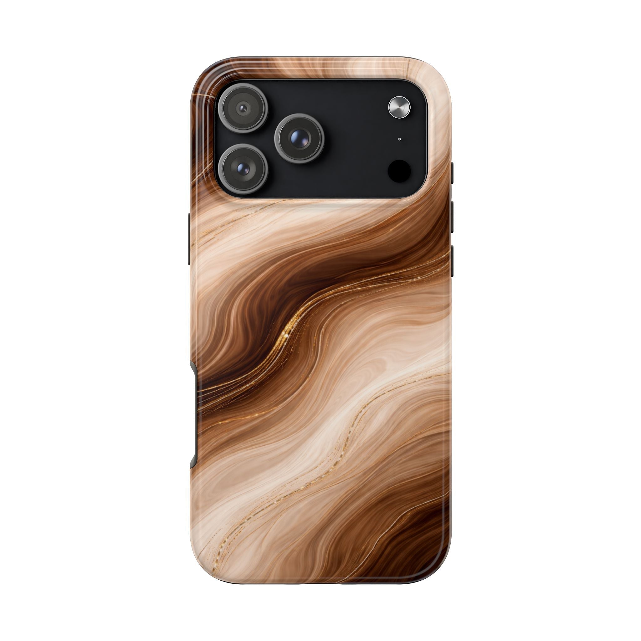 Espresso swirl phone case with tan, brown, and cream marble pattern; camera cutout