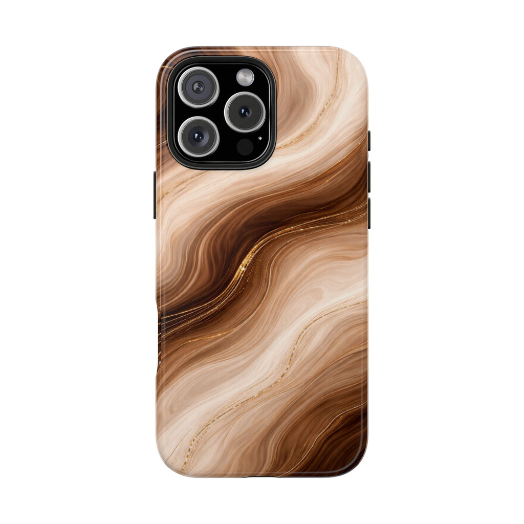 Espresso swirl phone case showing tan and brown marble waves with raised camera protection