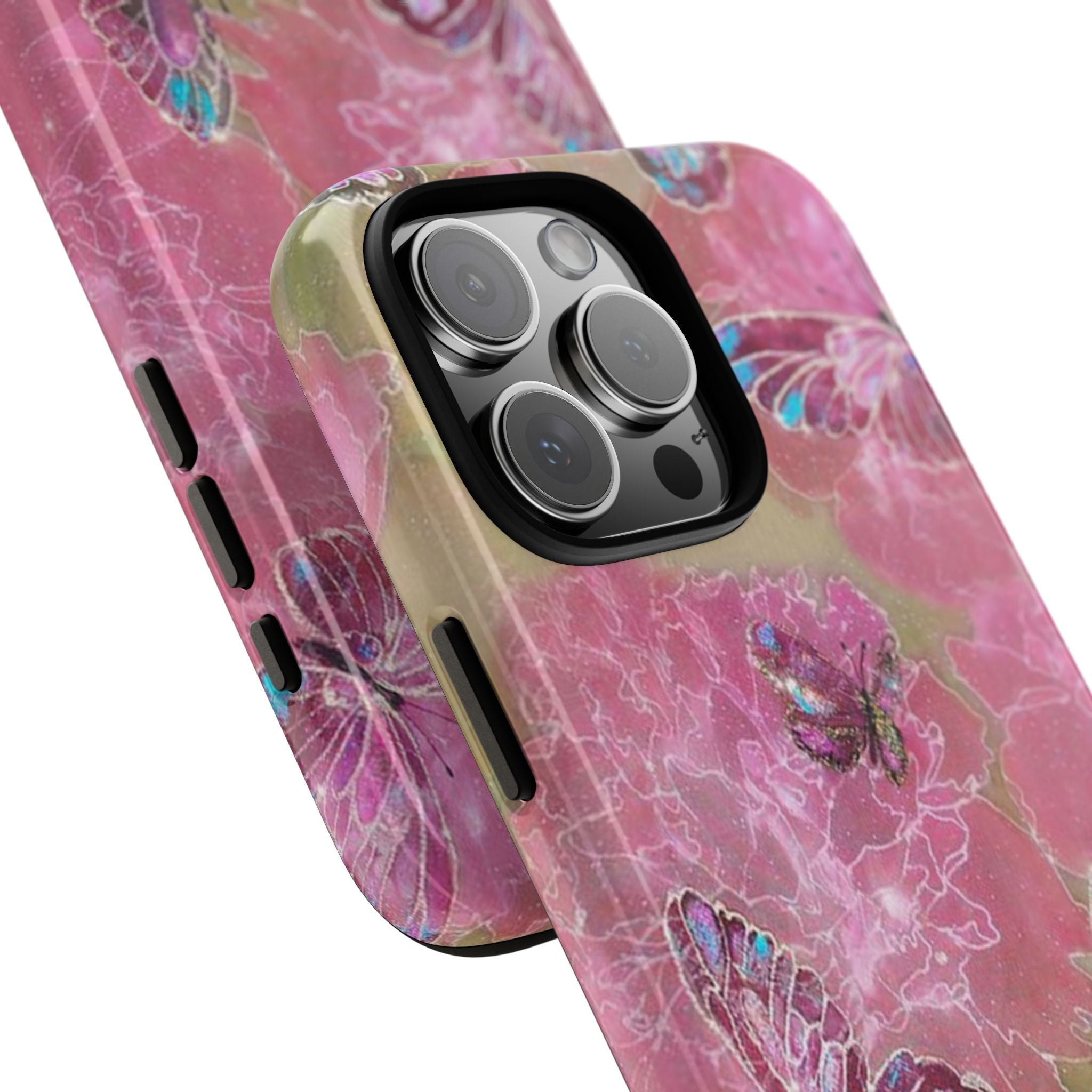 Butterfly phone case angled view with iridescent pink design, side button openings and camera area
