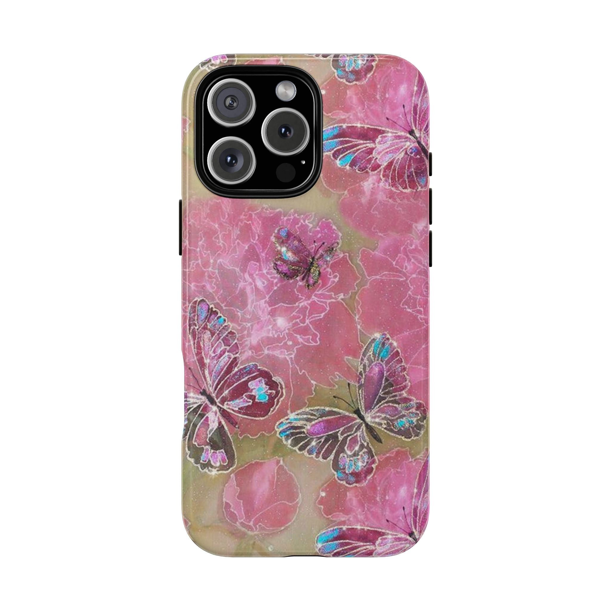 Pink butterfly phone case with iridescent wings and crackle marble pattern, camera cutouts