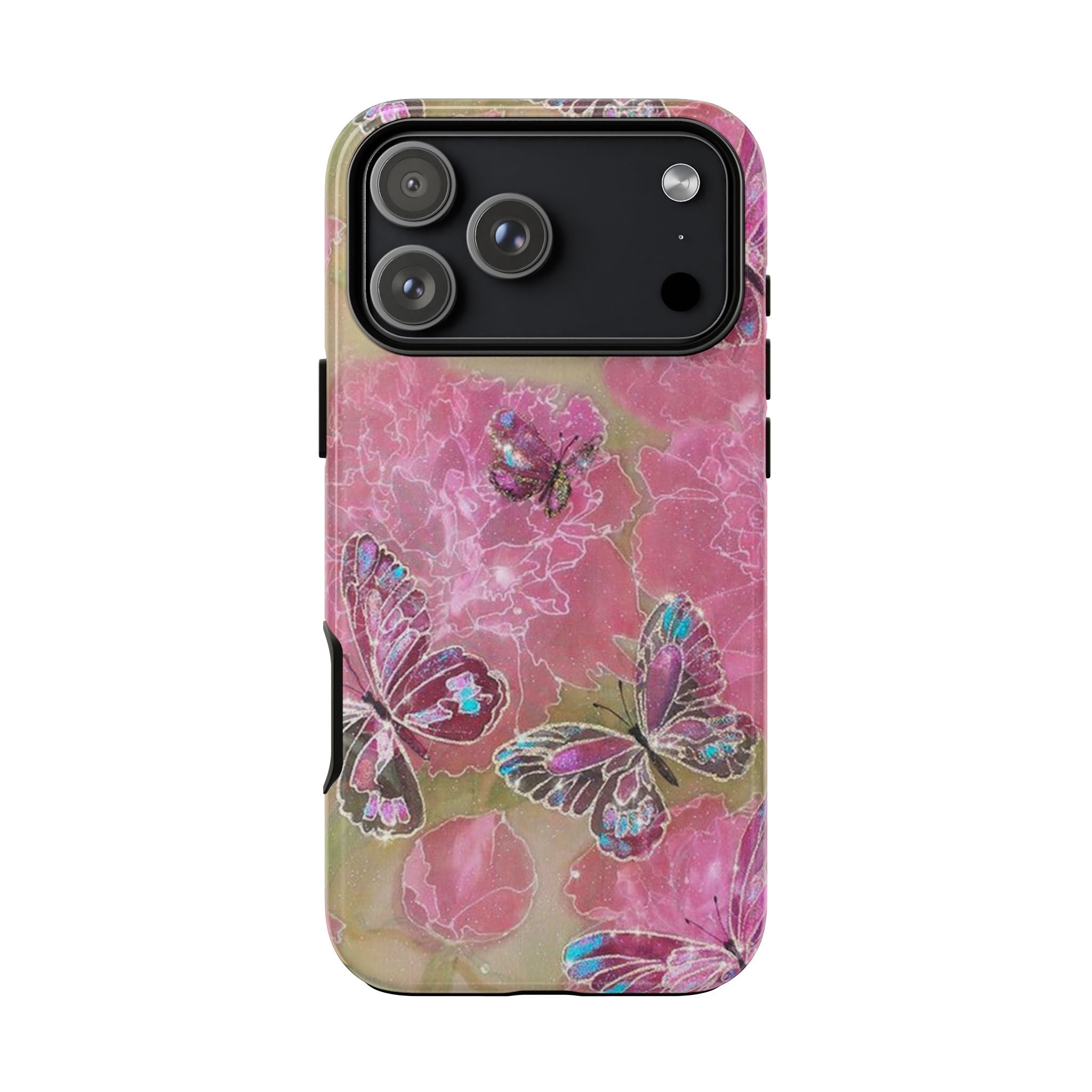 Pink butterfly phone case with crackle marble background, colorful butterflies, and camera window