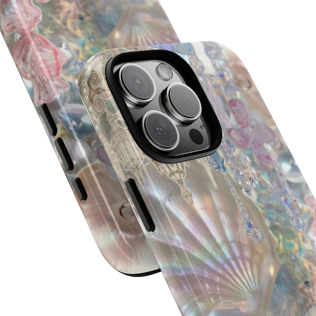 Angled view of iridescent sea shell phone case with glossy pearly tones and camera lens covers