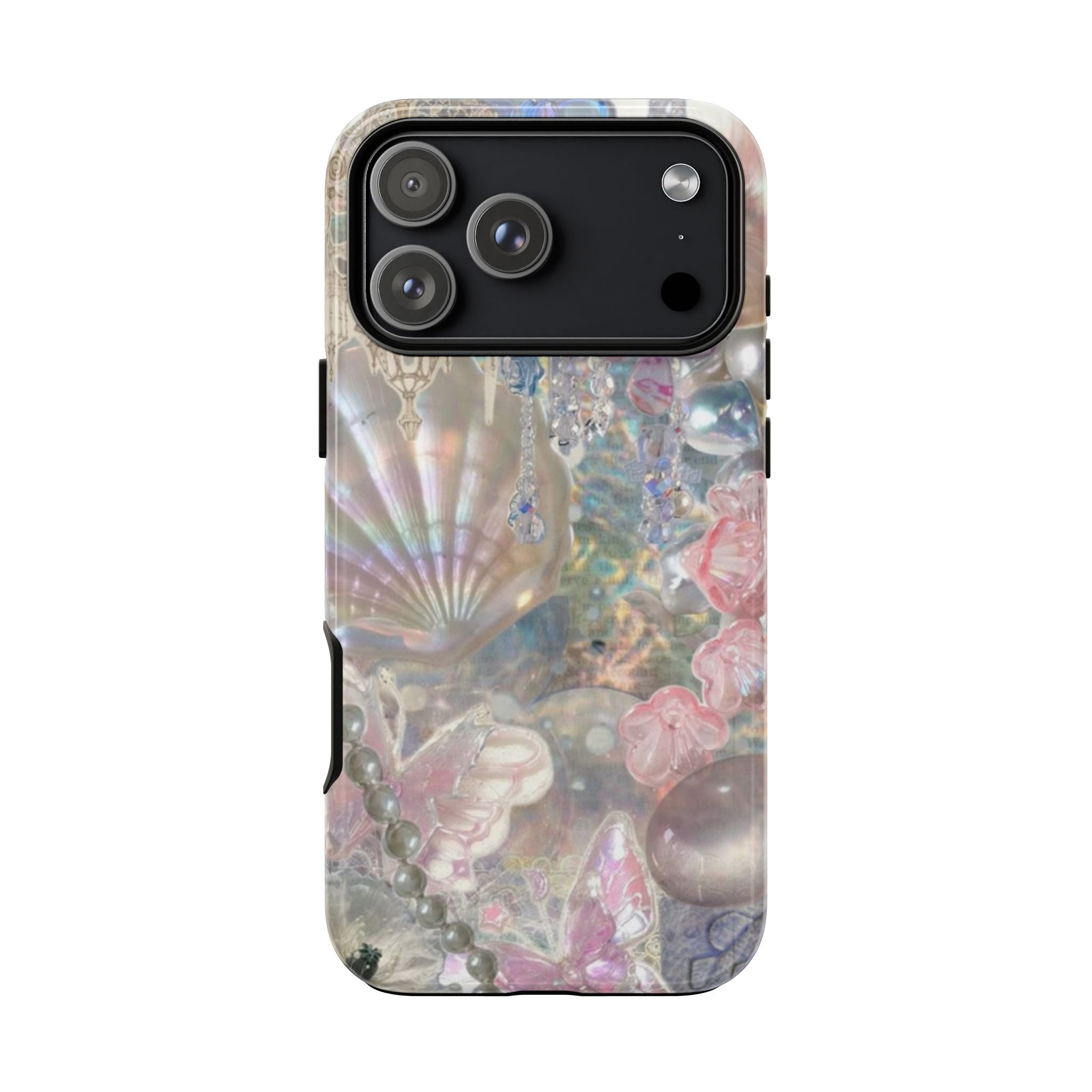 Sea shell phone case with iridescent pink and blue pattern; camera openings and side cutouts