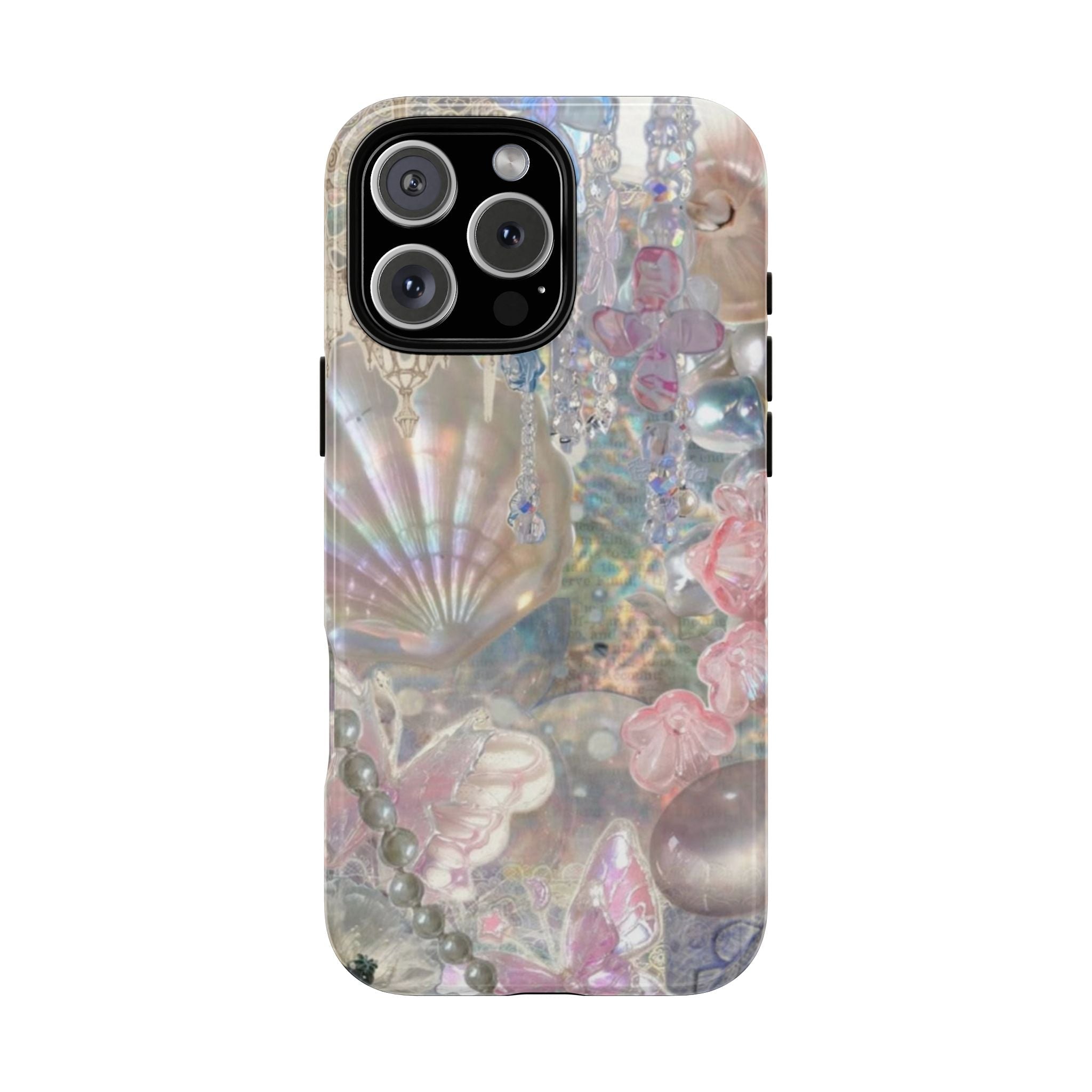 Iridescent sea shell phone case with pink, blue, and pearl details and cutout for cameras
