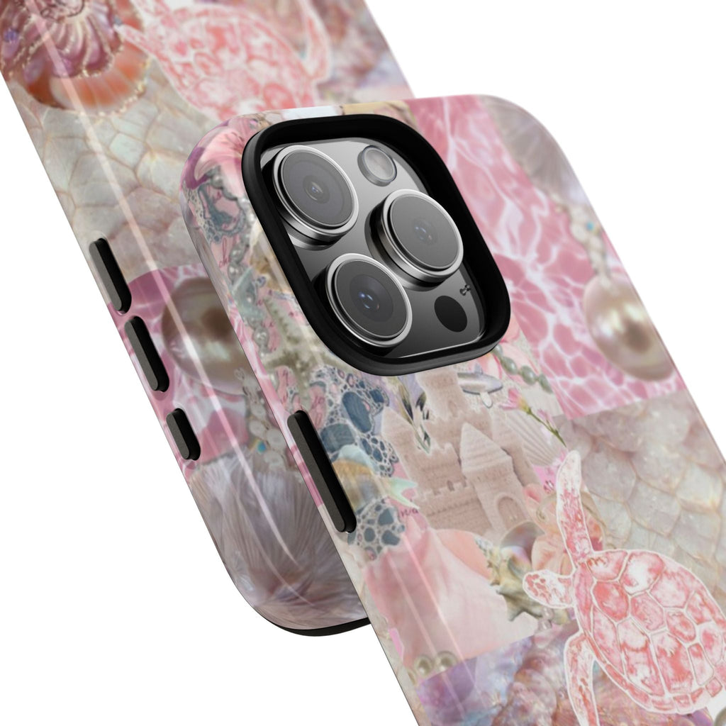 Angled mermaid phone case with raised camera cover and pink seashell illustration