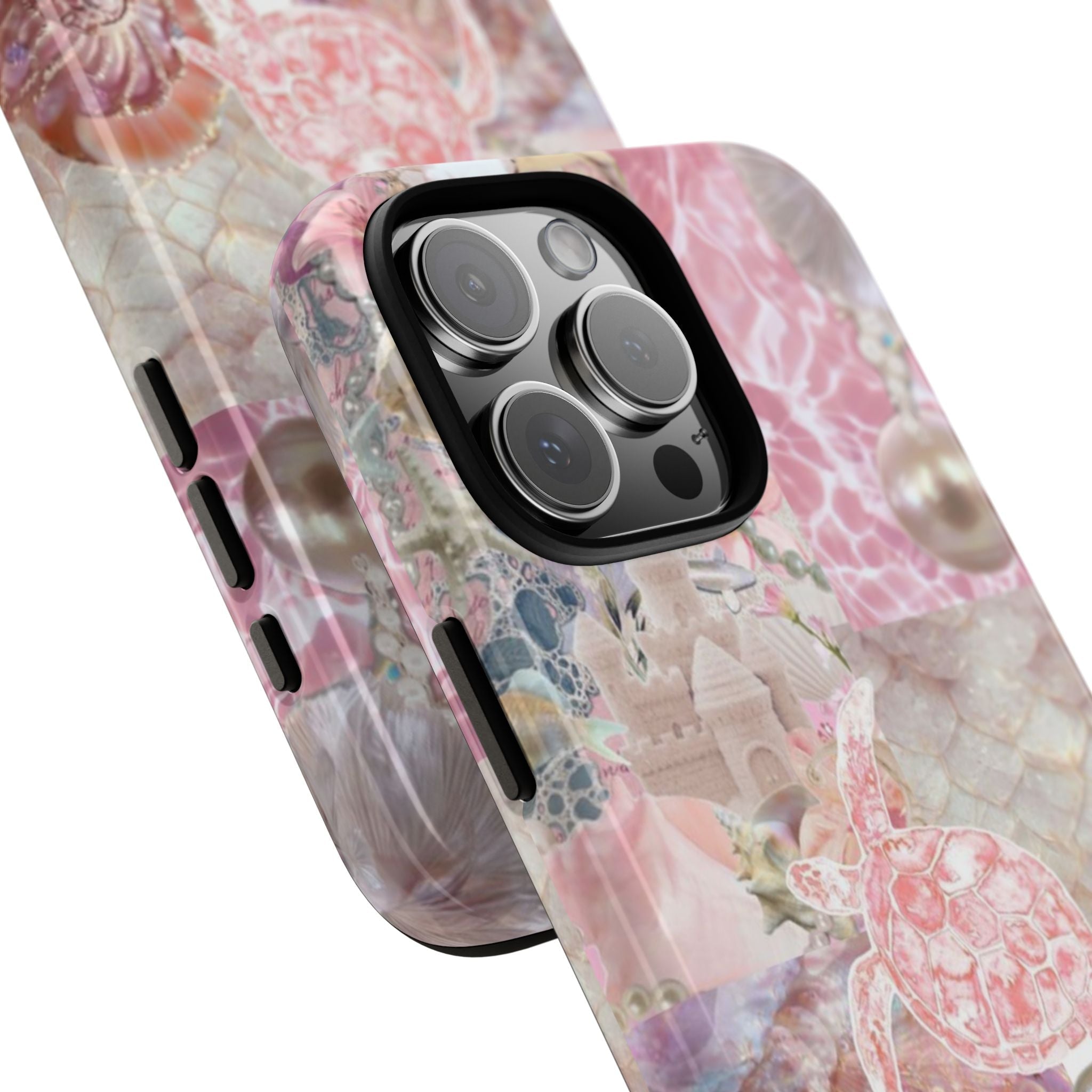 Angled mermaid phone case with raised camera cover and pink seashell illustration