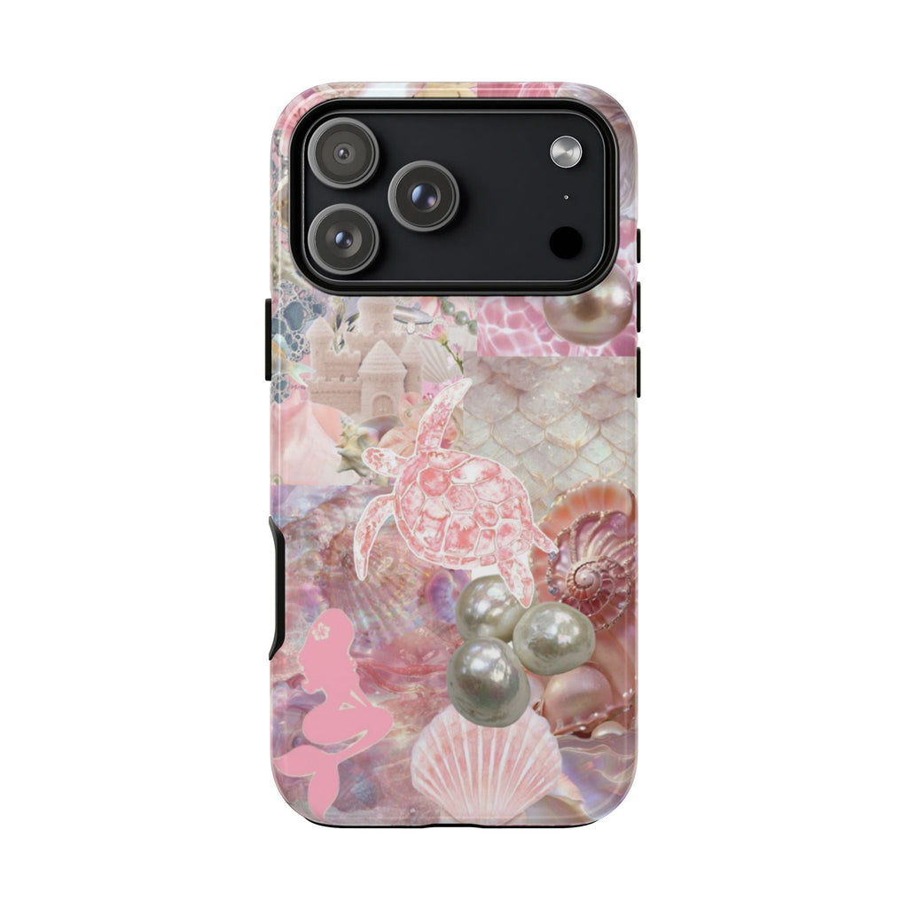 Mermaid phone case back with pink seashell and pearl print; camera cutouts