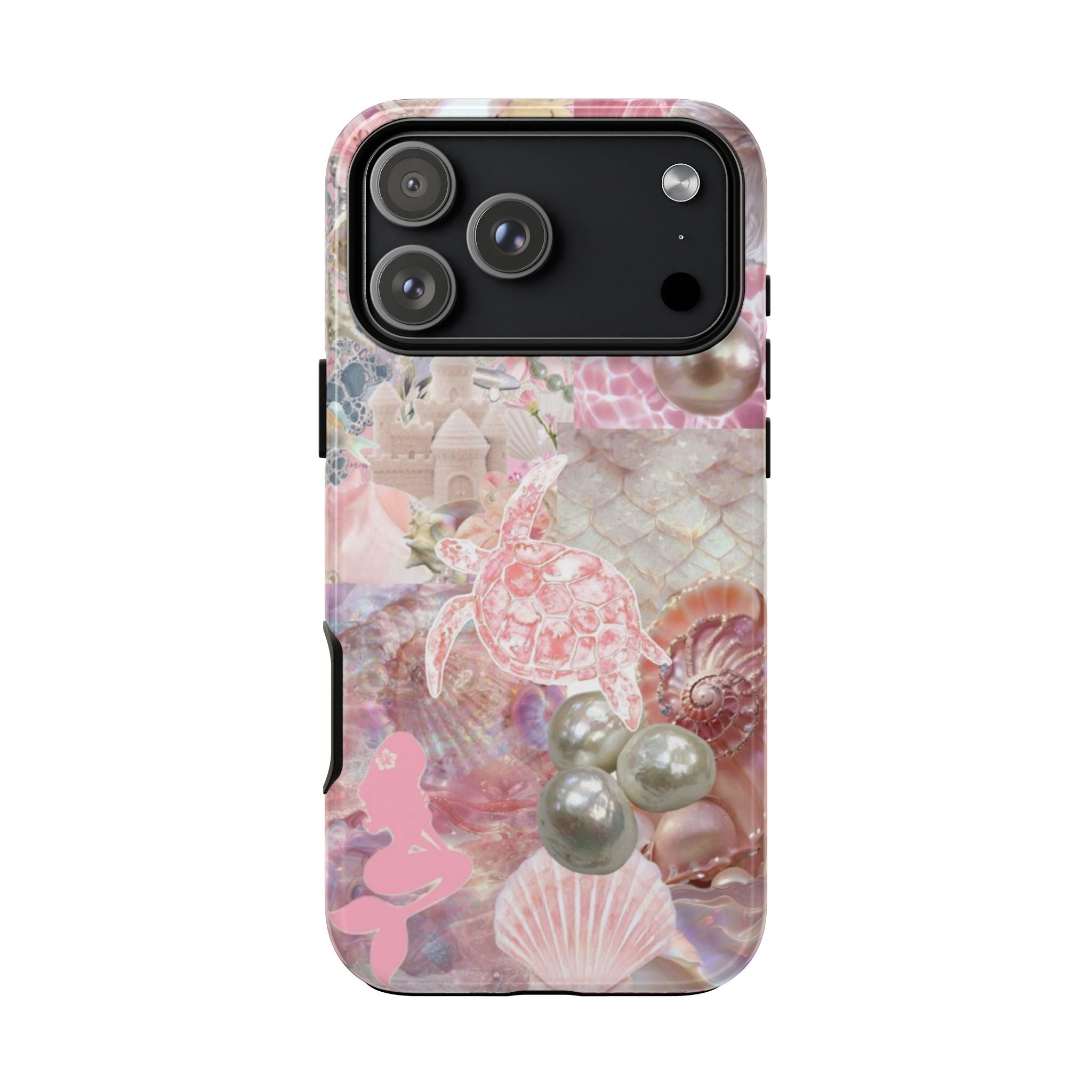 Mermaid phone case back with pink seashell and pearl print; camera cutouts
