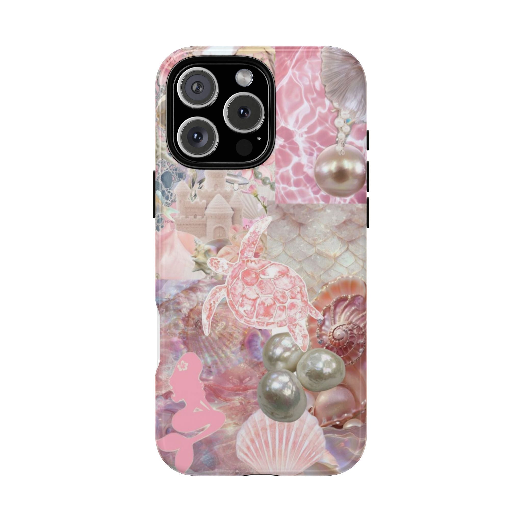 Mermaid-themed phone case with pink seashells, pearls, and turtle illustration