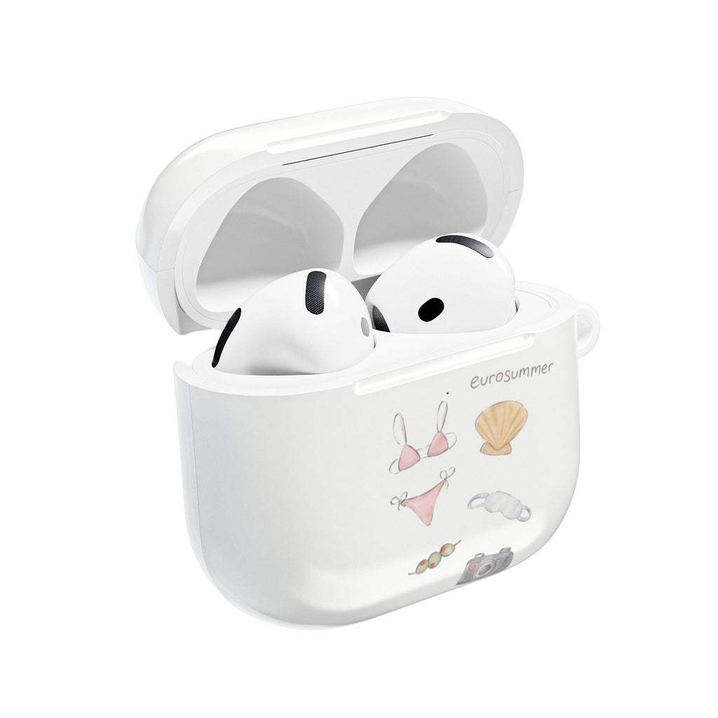 White AirPod Pro case with beach print, open lid showing earbuds inside