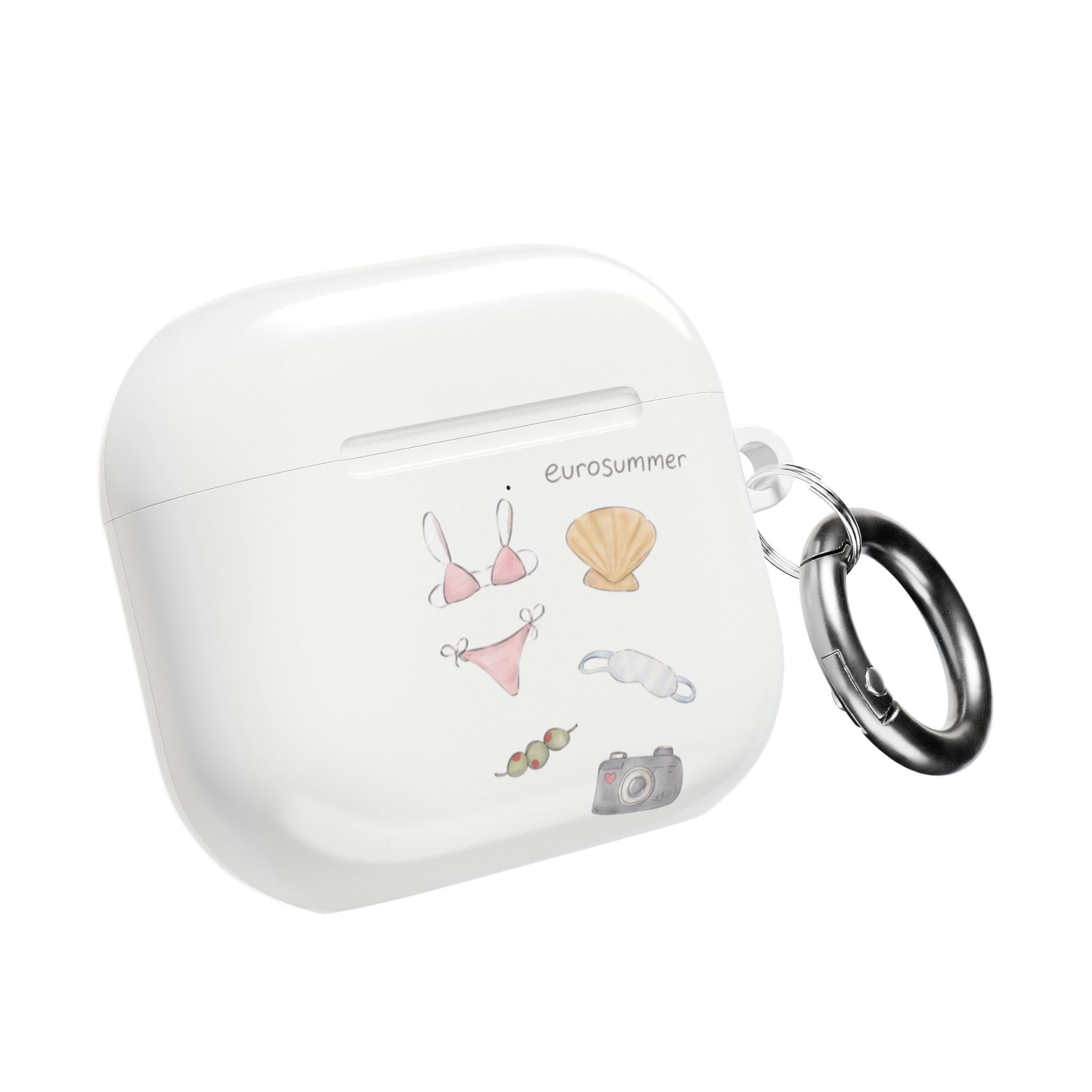 White AirPod case with beach print, carabiner keyring attached
