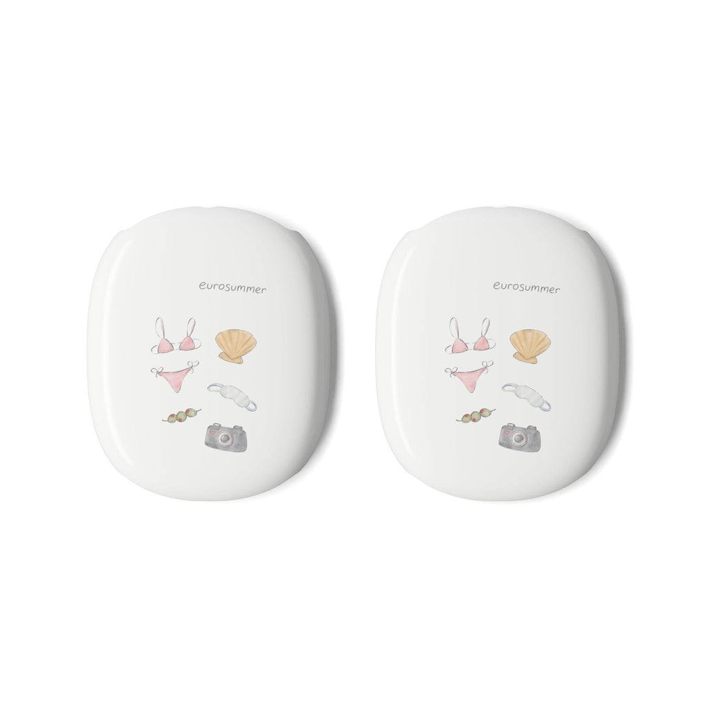 AirPods Max case covers, two white shell backs with illustrated accessories