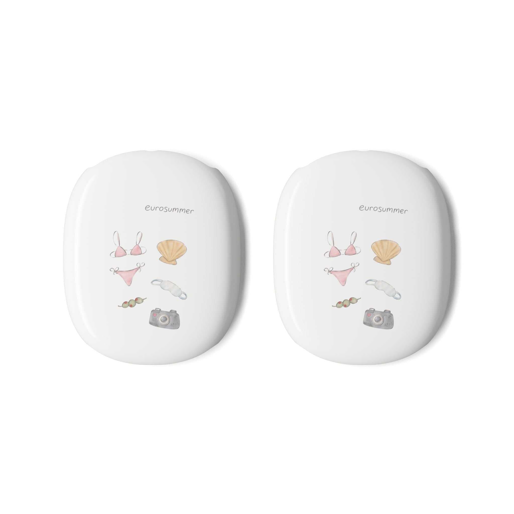AirPods Max case covers, two white shell backs with illustrated accessories