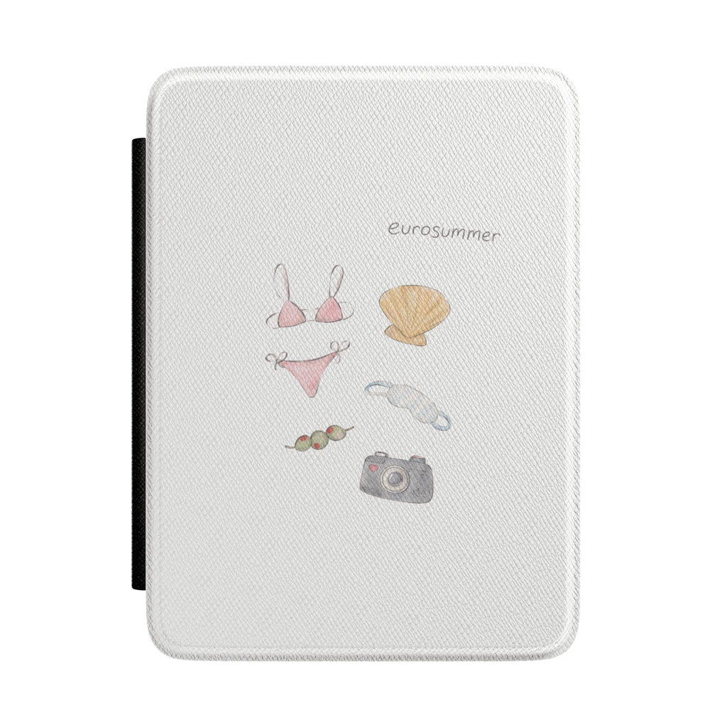Hardcover Kindle case, light textured fabric with cute beach-themed patch illustrations