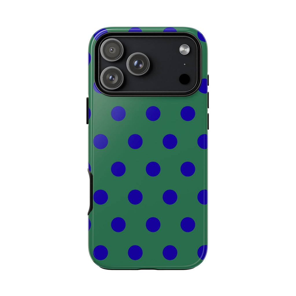 Green phone case with blue polka dots pattern and raised camera cutout