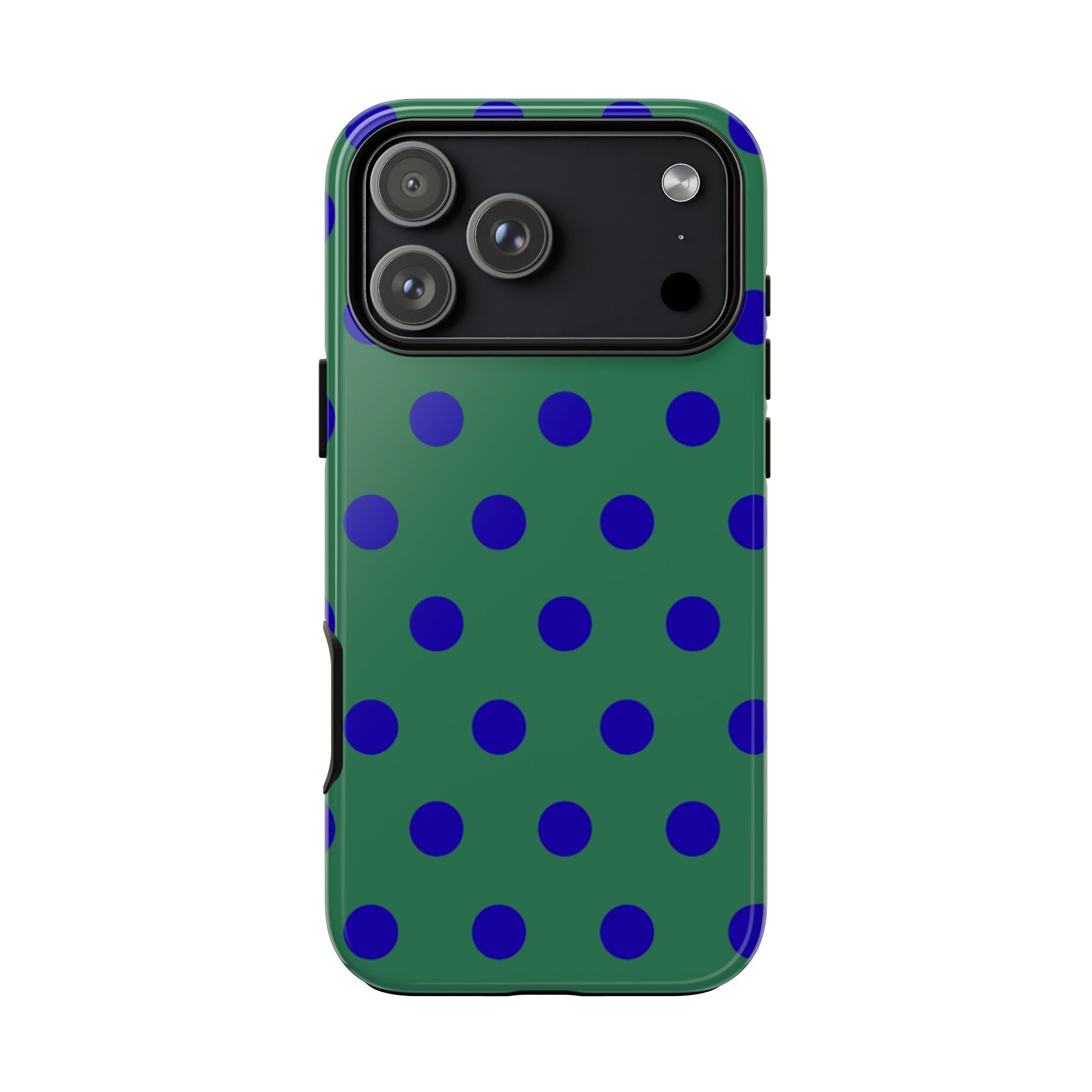 Green phone case with blue polka dots pattern and raised camera cutout