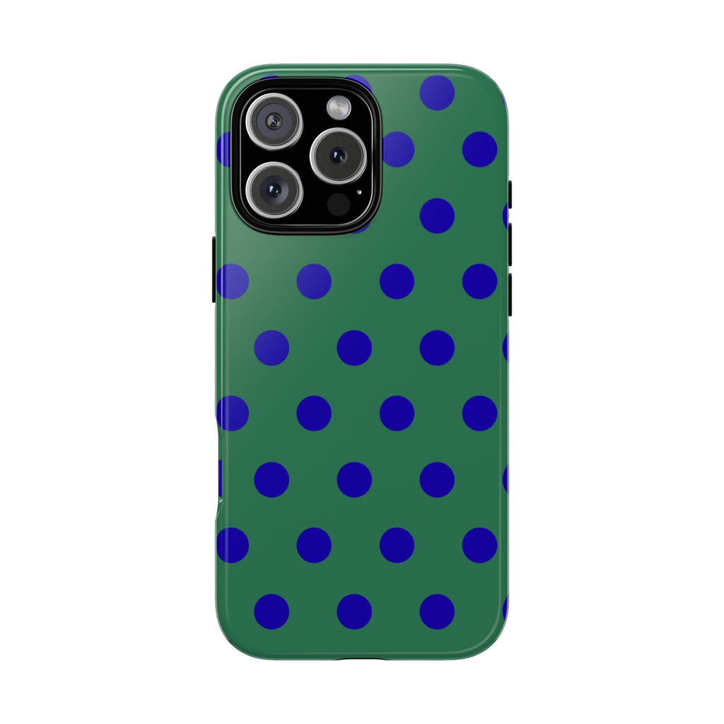 Green phone case with repeating blue polka dots, smooth back and side buttons
