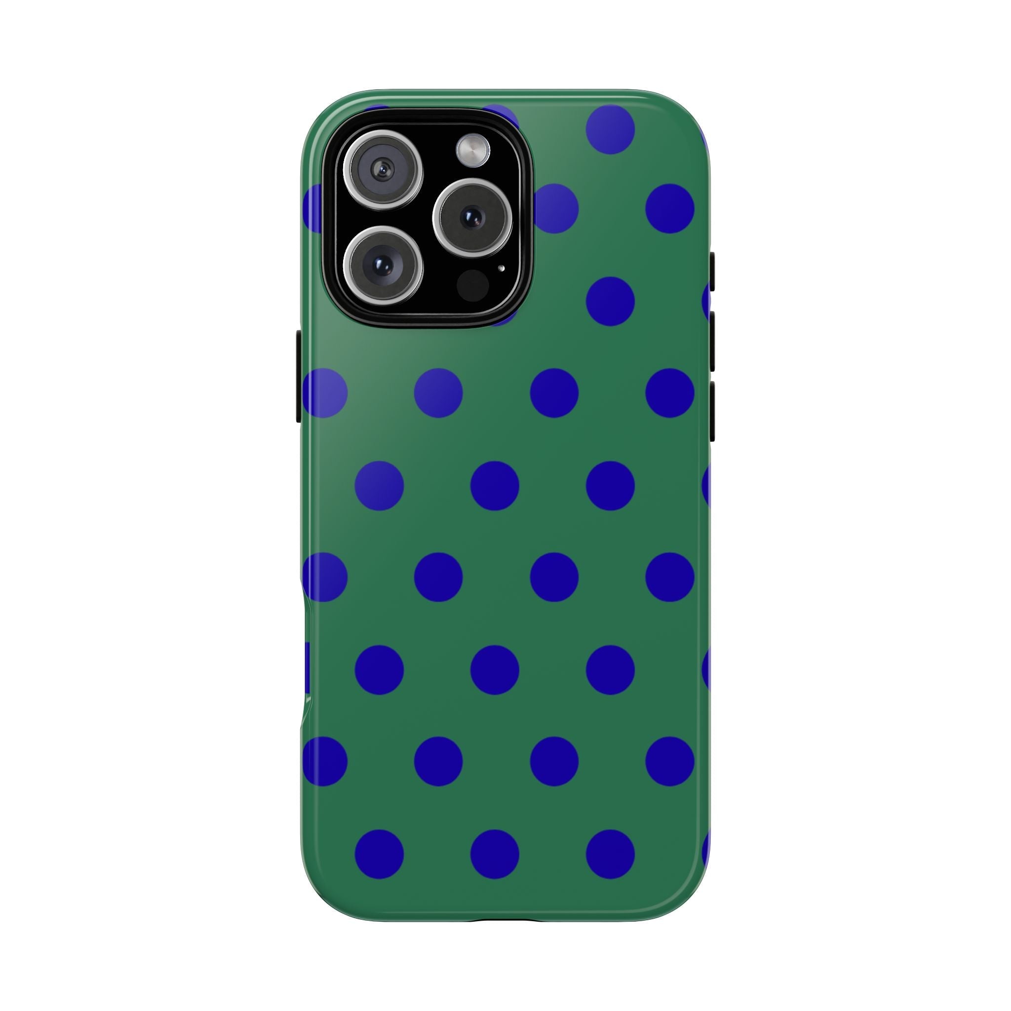 Green phone case with repeating blue polka dots, smooth back and side buttons