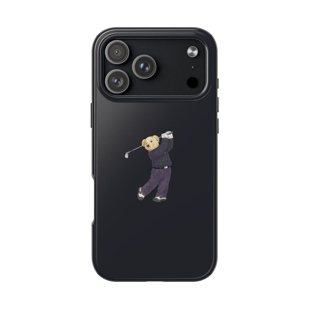 Black golf teddy bear phone case with faded golfer graphic on back