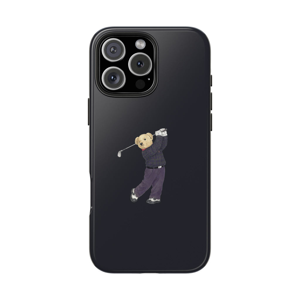 Dark black phone case featuring teddy golfer holding a club, back view
