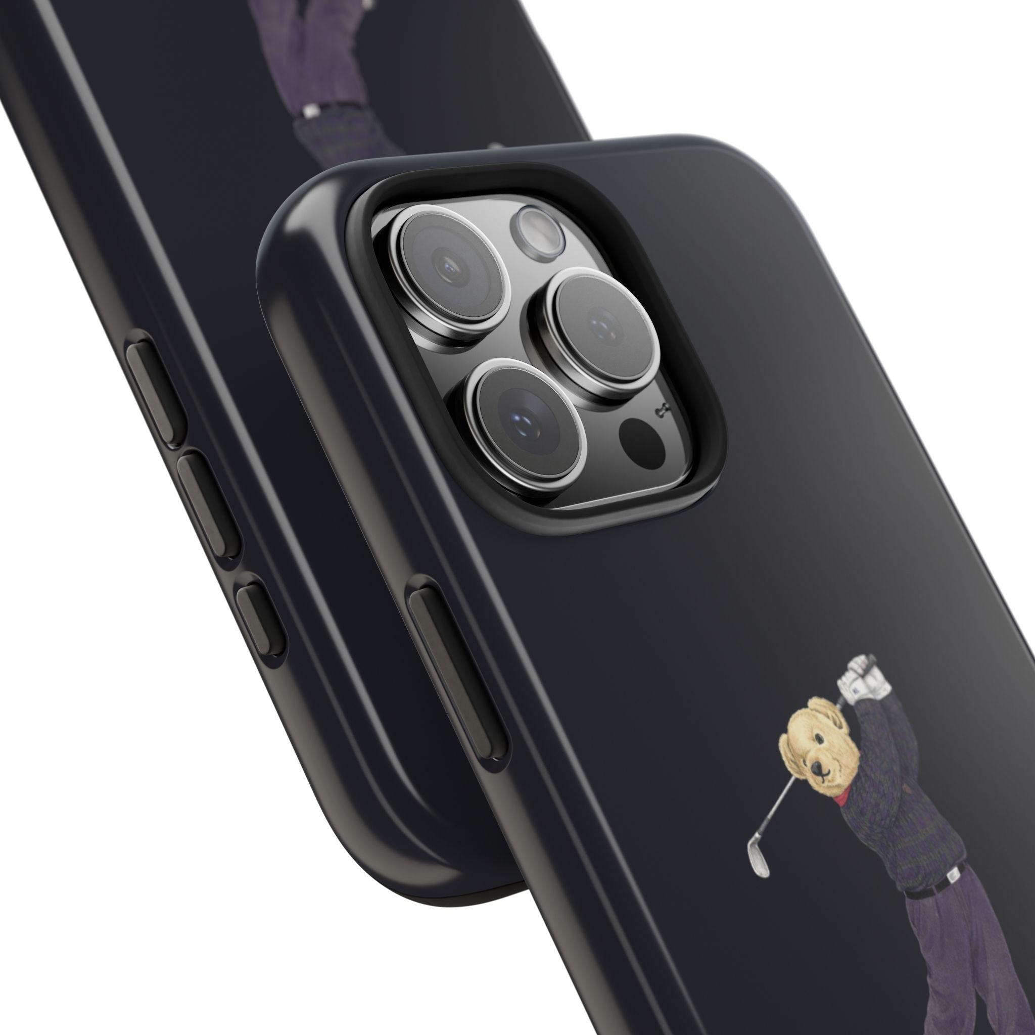 Black phone case edge with button cutouts and teddy golfer graphic near camera