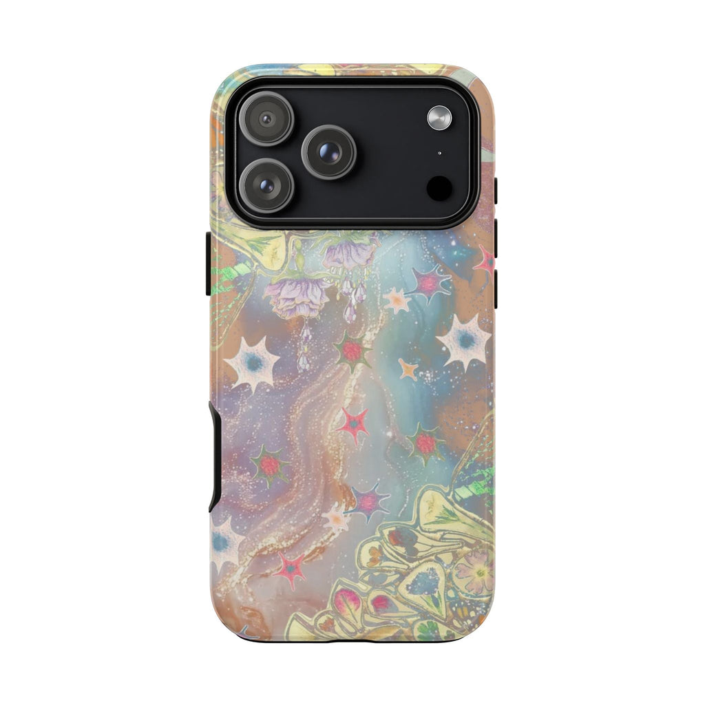 Fairy garden phone case, pastel floral and star design with dual camera window