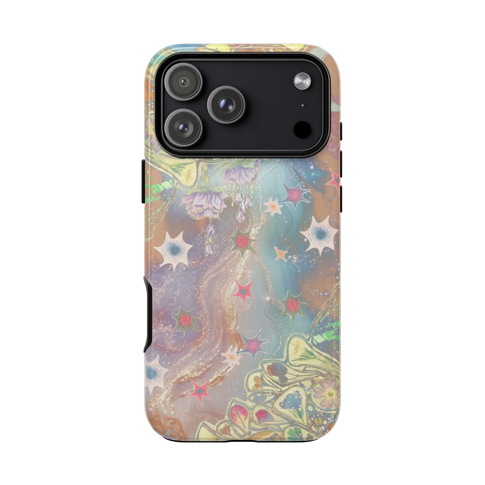 Fairy garden phone case, pastel floral and star design with dual camera window