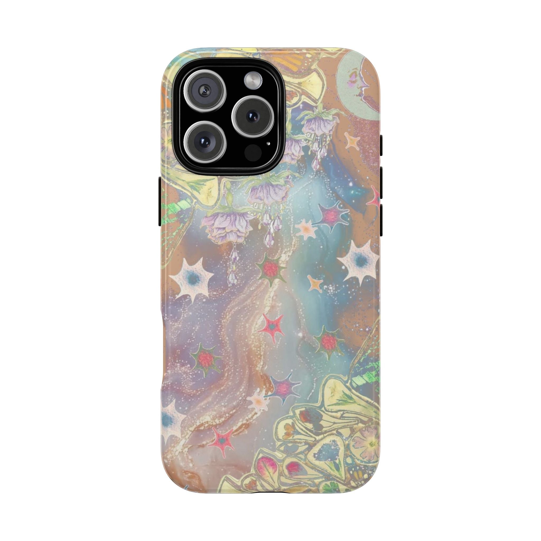 Fairy garden phone case with colorful star and floral pattern, raised camera cutout