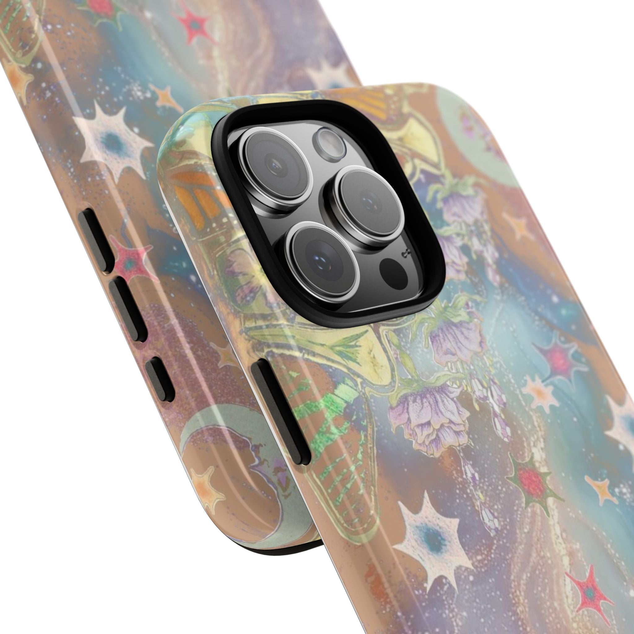 Fairy garden phone case angled view showing side button cutouts and camera lens openings