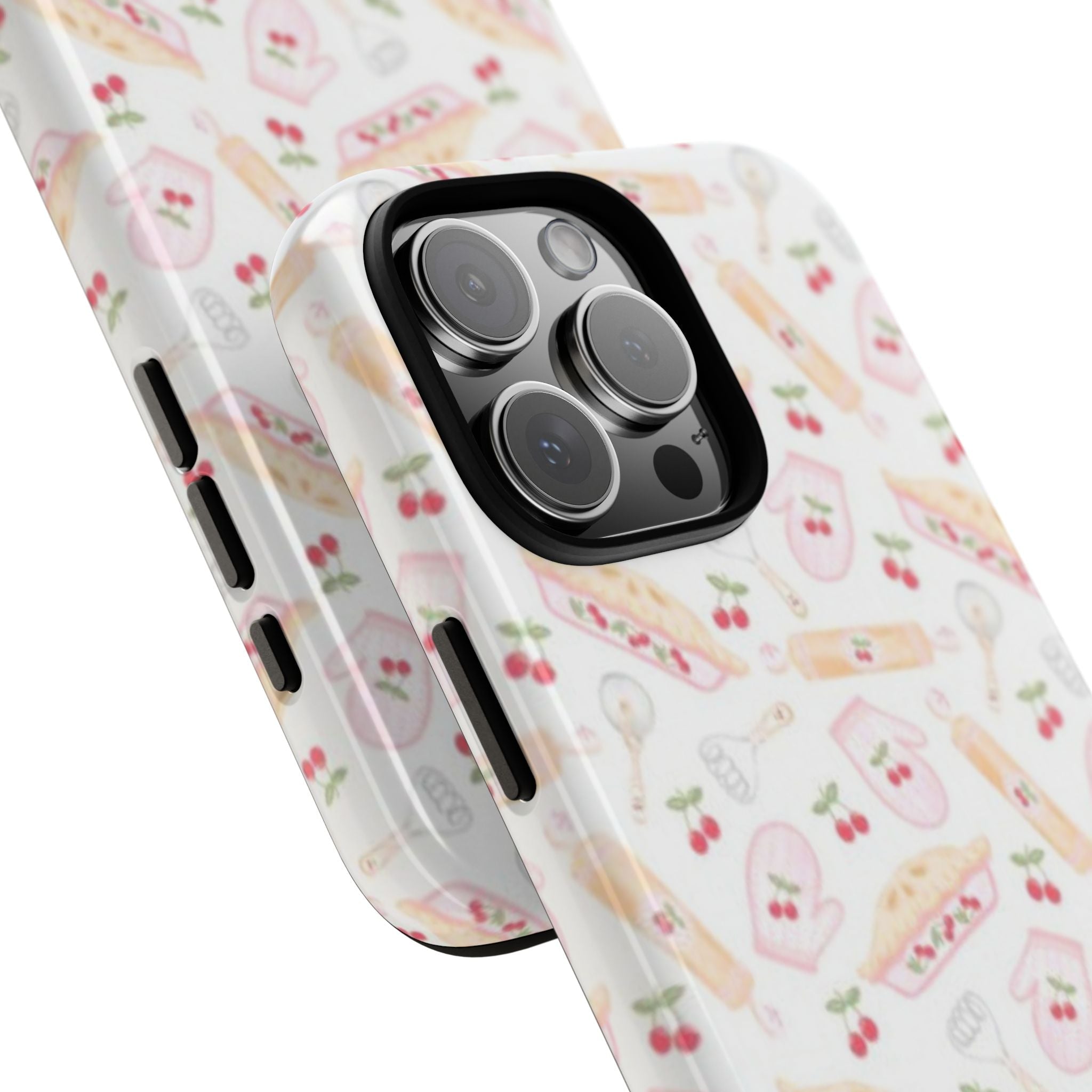 White fall baking print phone case, angled view with camera openings