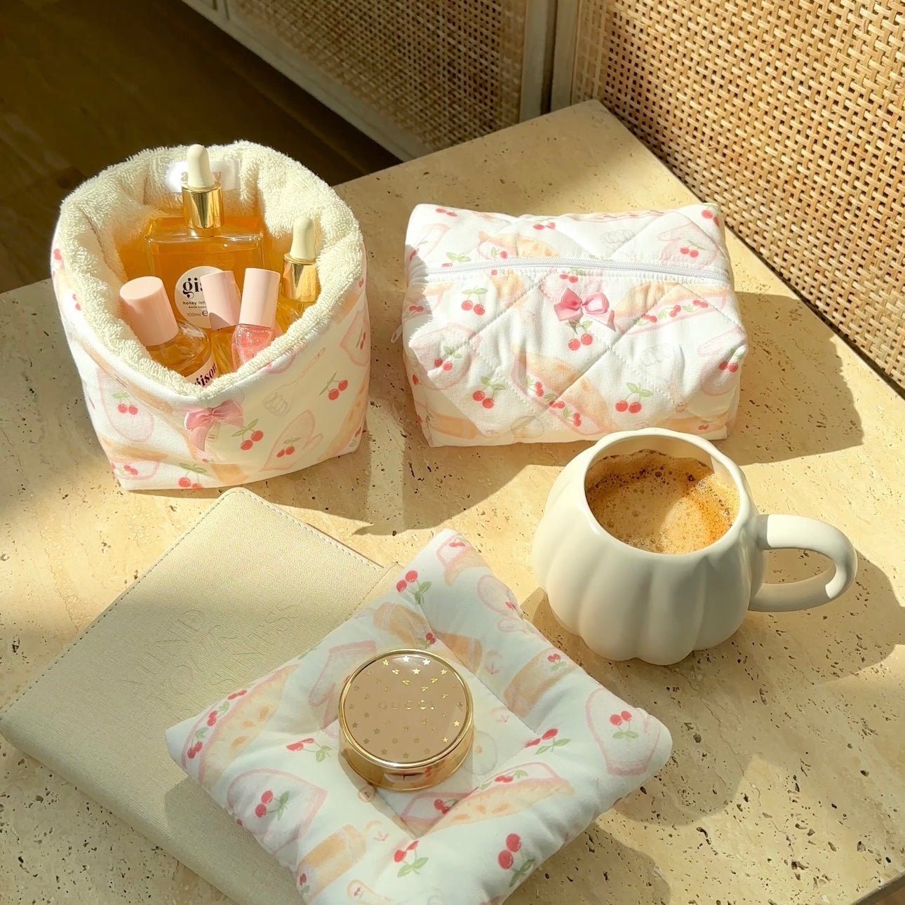 Teddy organizer with cherry print and plush basket plus matching quilted pouch
