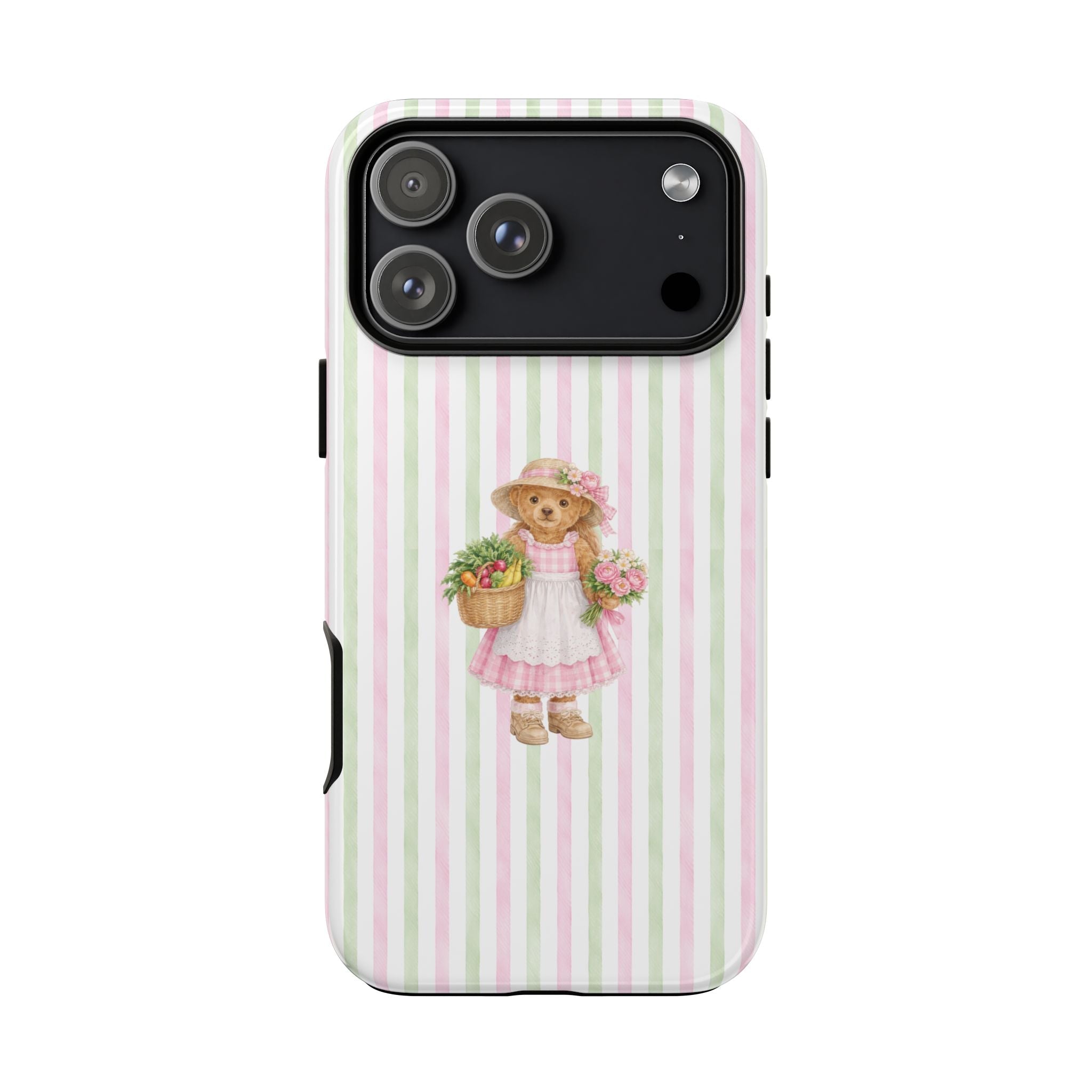 Pastel striped phone case, teddy bear in pink dress with flower basket