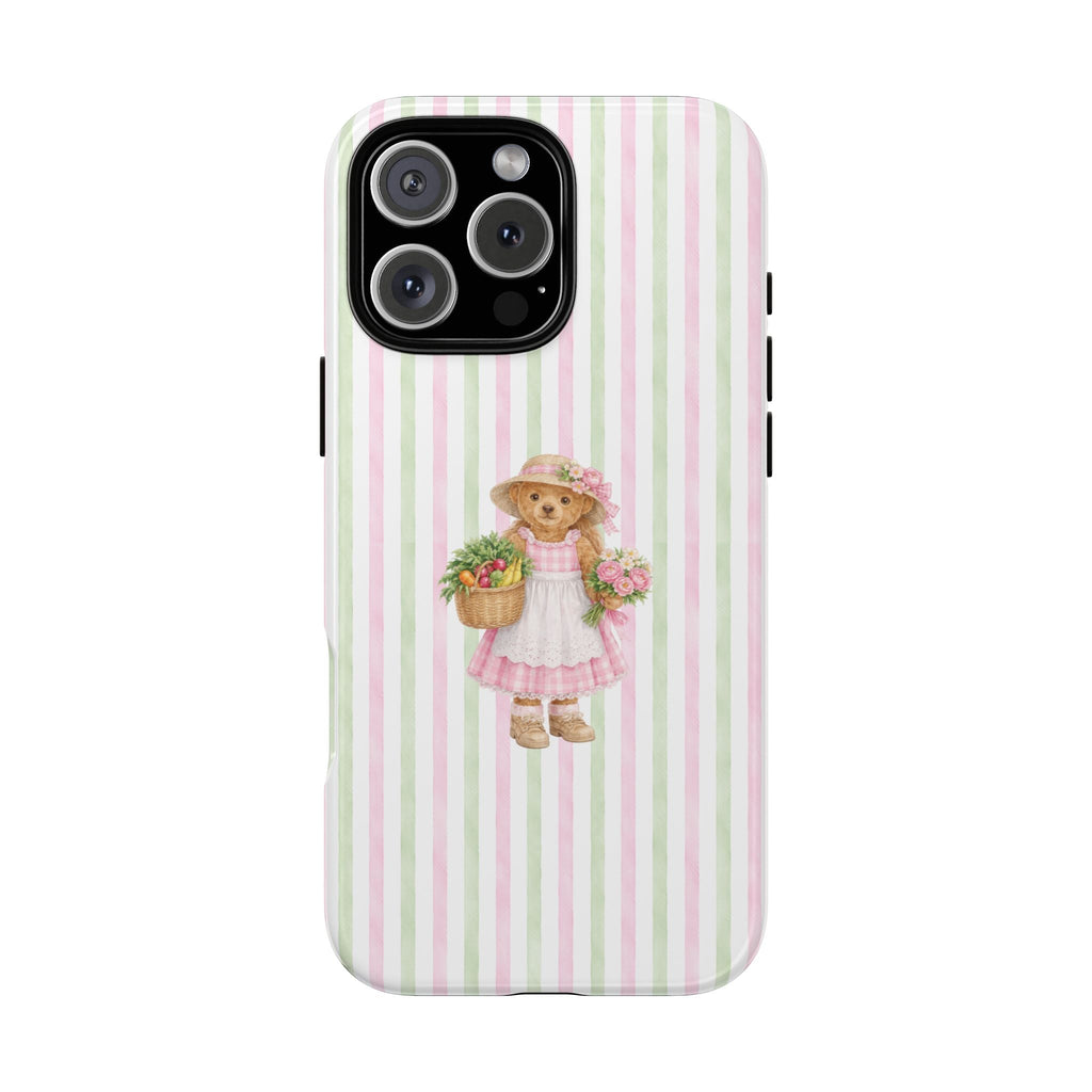Pastel green & pink striped phone case with teddy bear holding flowers