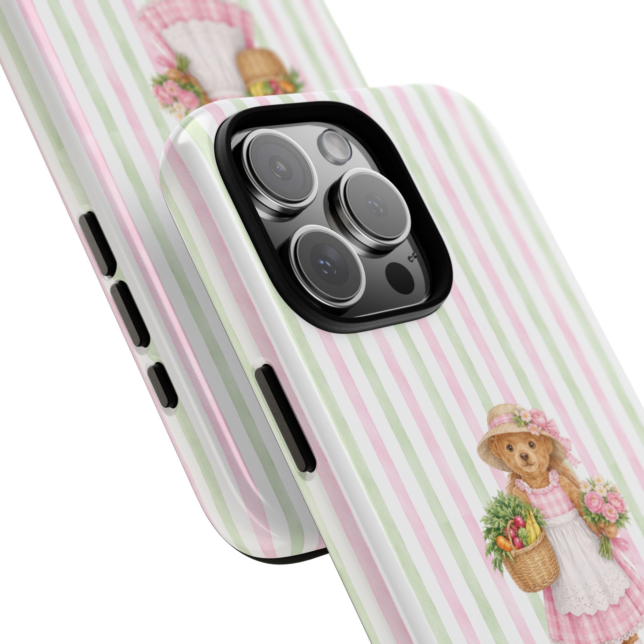 Diagonal view pastel striped phone case with teddy bear and floral basket