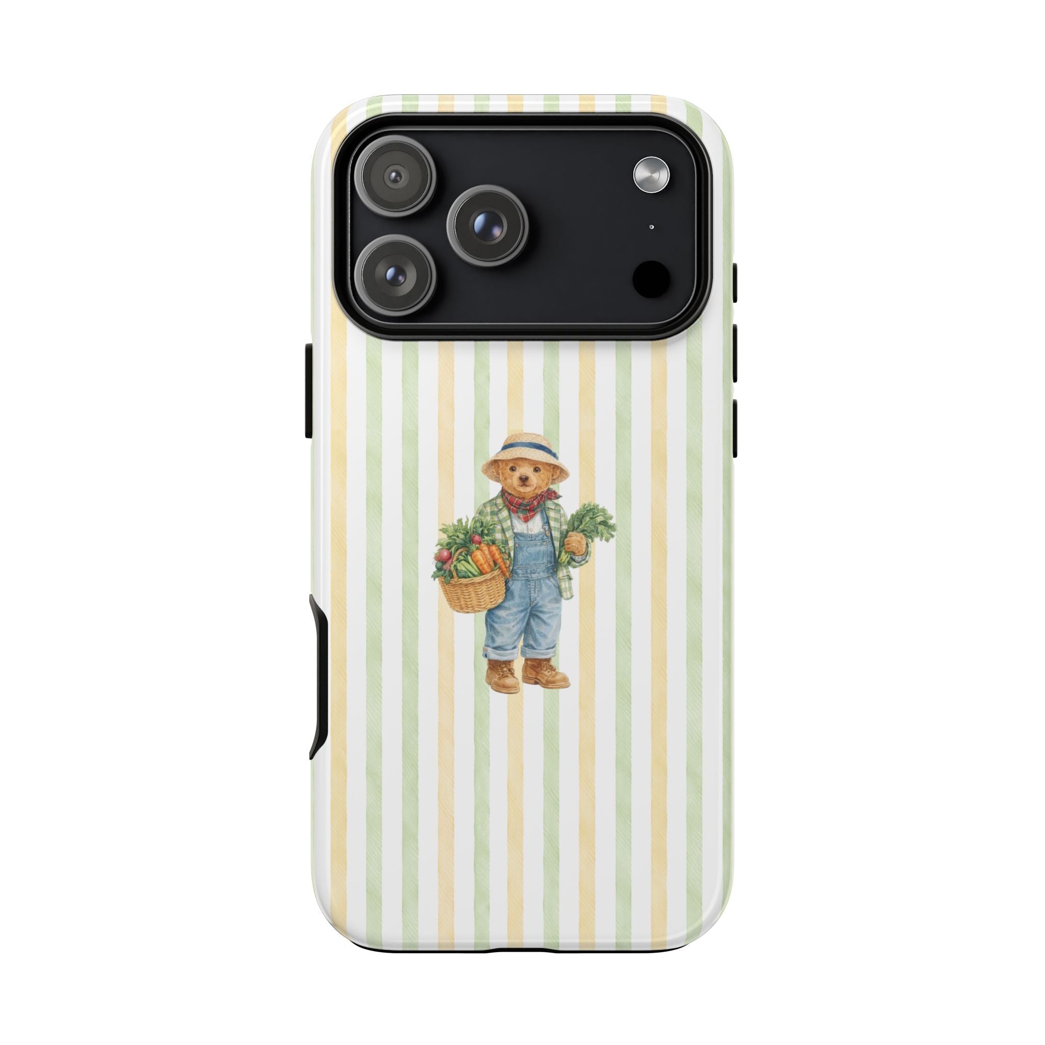 Striped phone case with farmer teddy bear graphic; camera cutout on top, dark lens panel