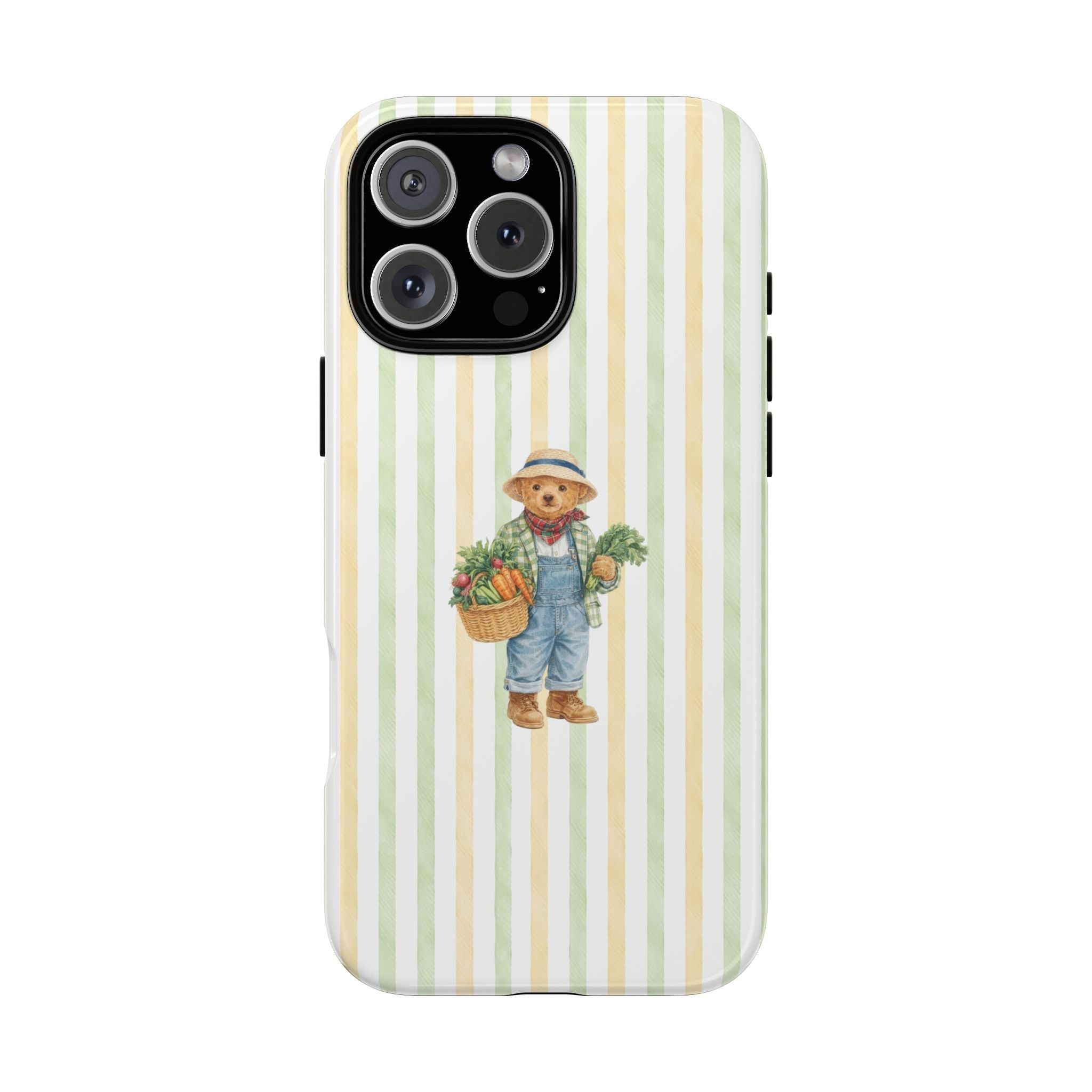 Green-and-cream striped phone case with farmer teddy bear illustration in overalls