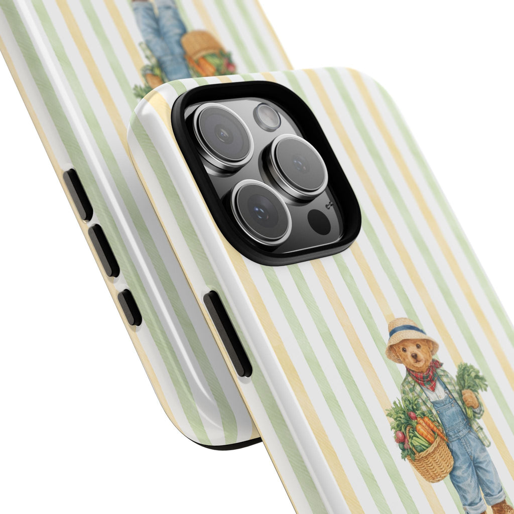 Corner and side view of striped phone case with farmer teddy bear motif near edge cutouts