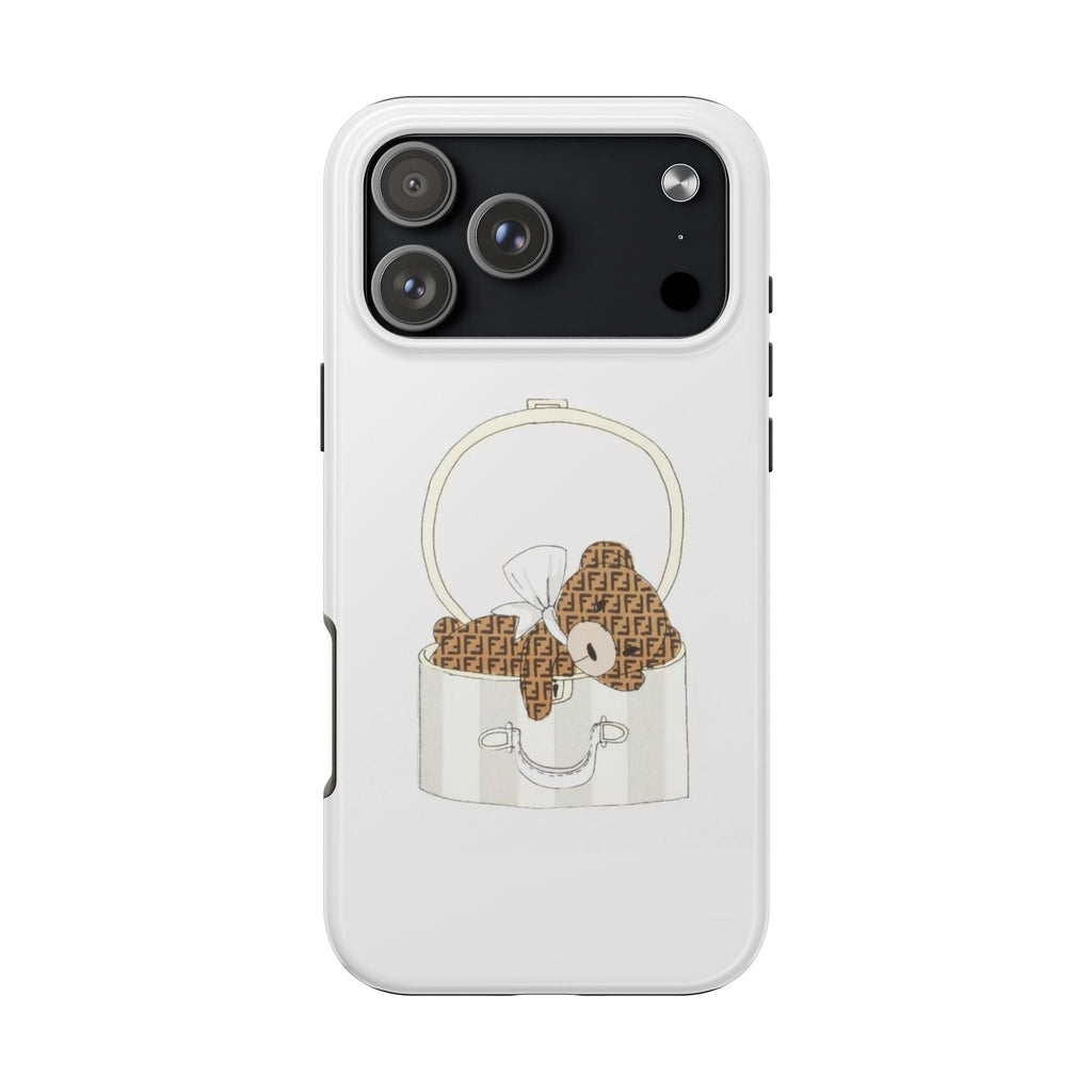 White phone case with teddy bear box illustration and patterned bear face