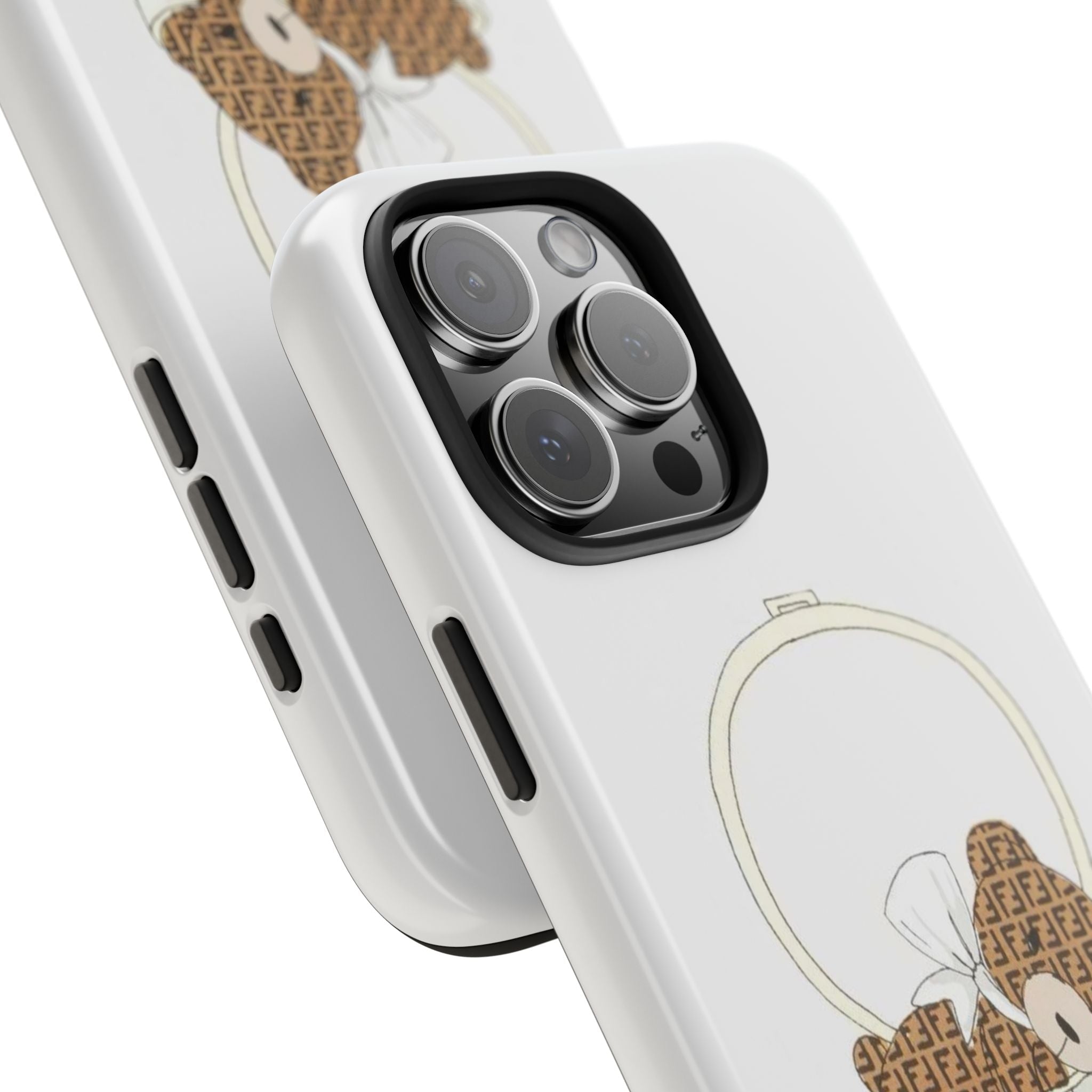 Angled white phone case with teddy bear box art and camera-lens cutouts