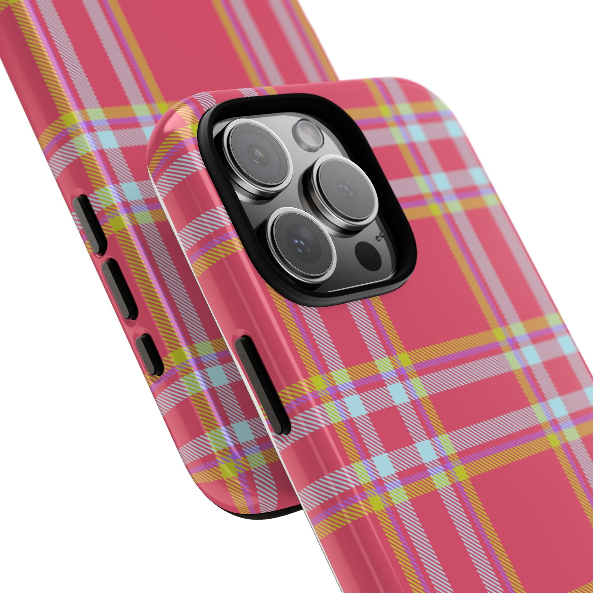 Pink plaid phone case with camera lenses and side button cutouts